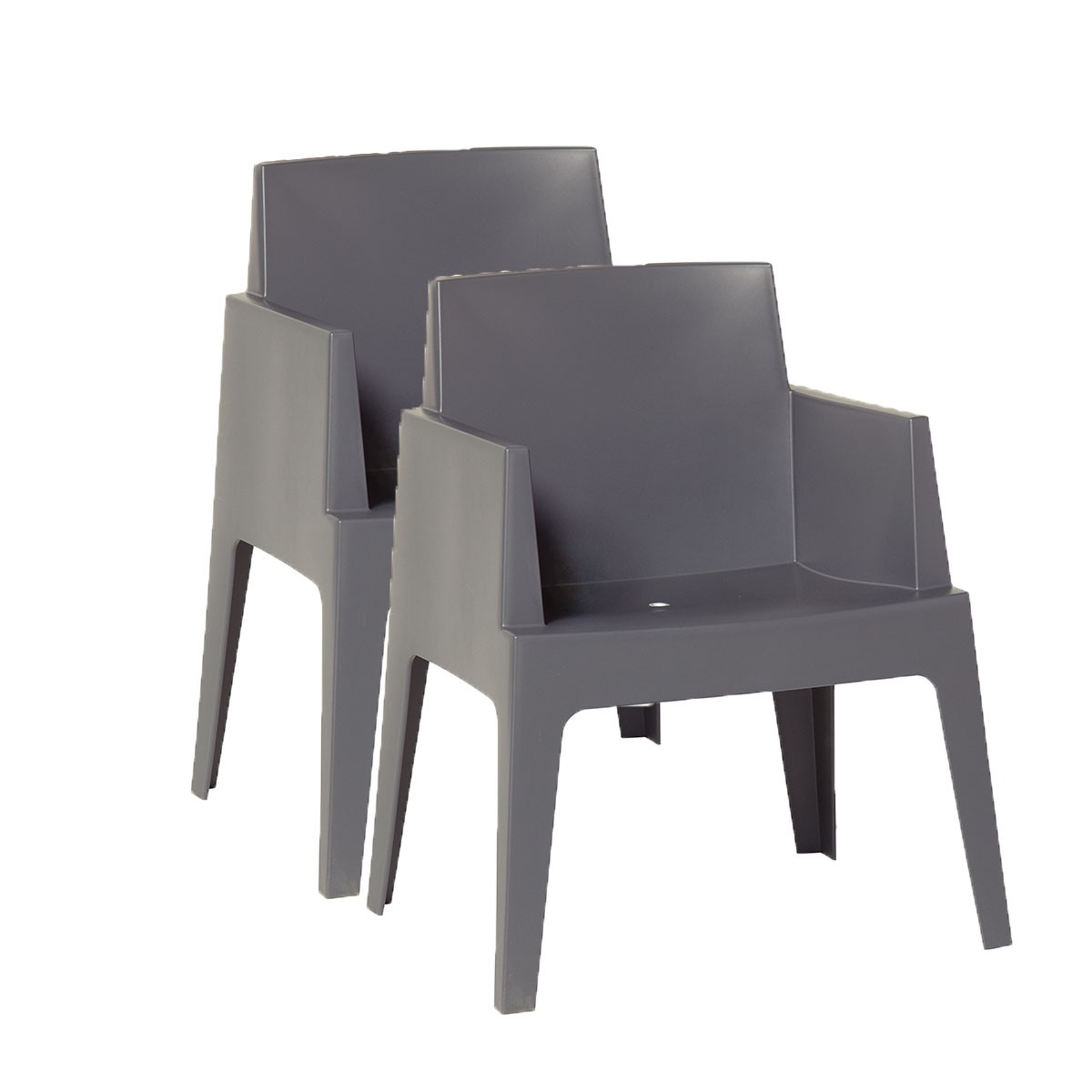 Two gray plastic chairs. They have armrests and are on a white background.