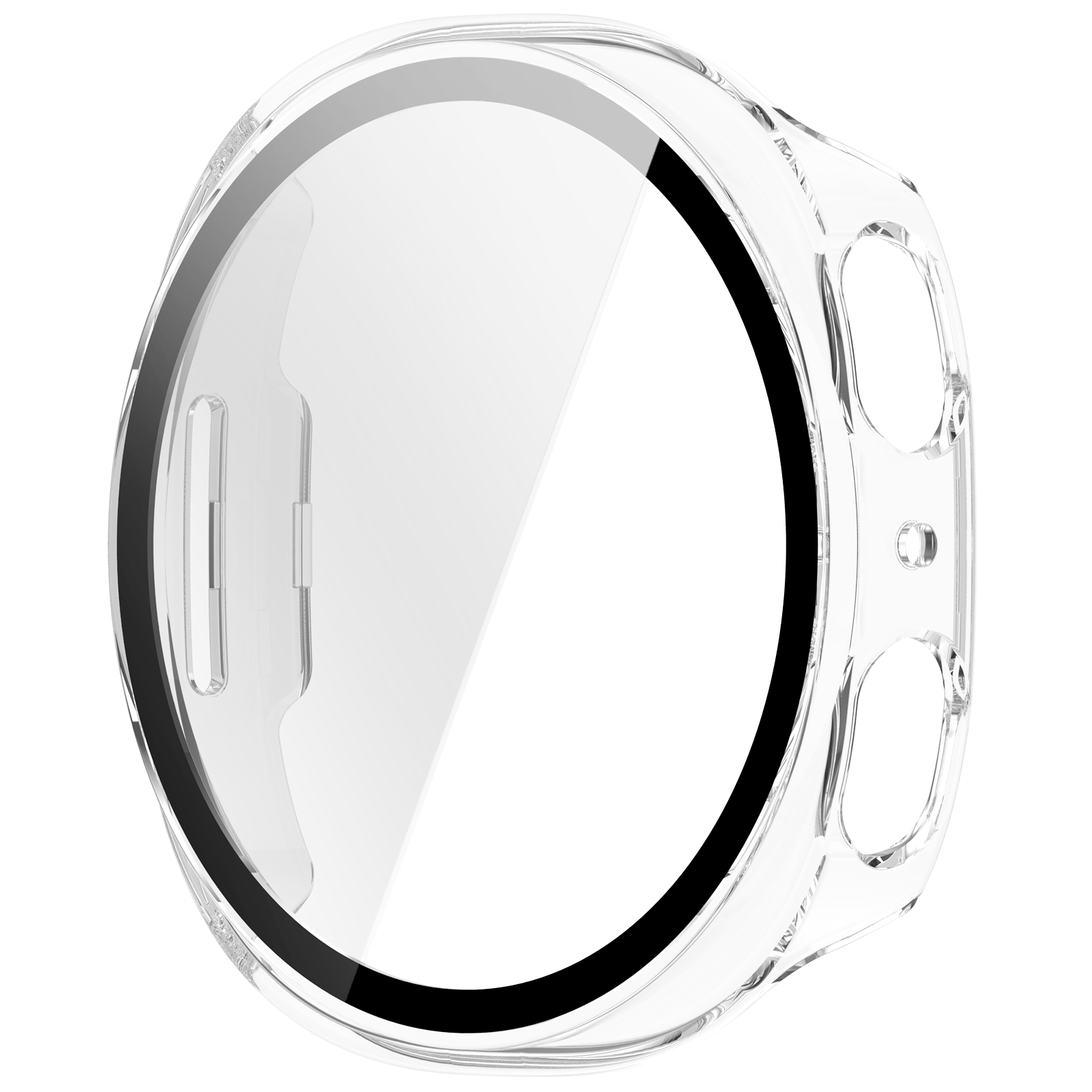 Copertura trasparente per orologio con anello nero e parte anteriore trasparente. Isolato su sfondo bianco.