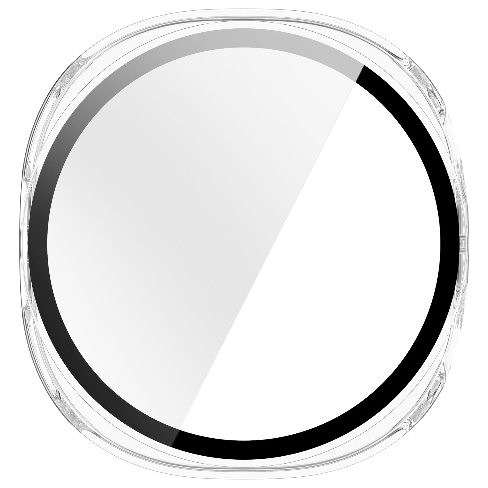 Un oggetto trasparente e rotondo con un design circolare bianco e nero all'interno.