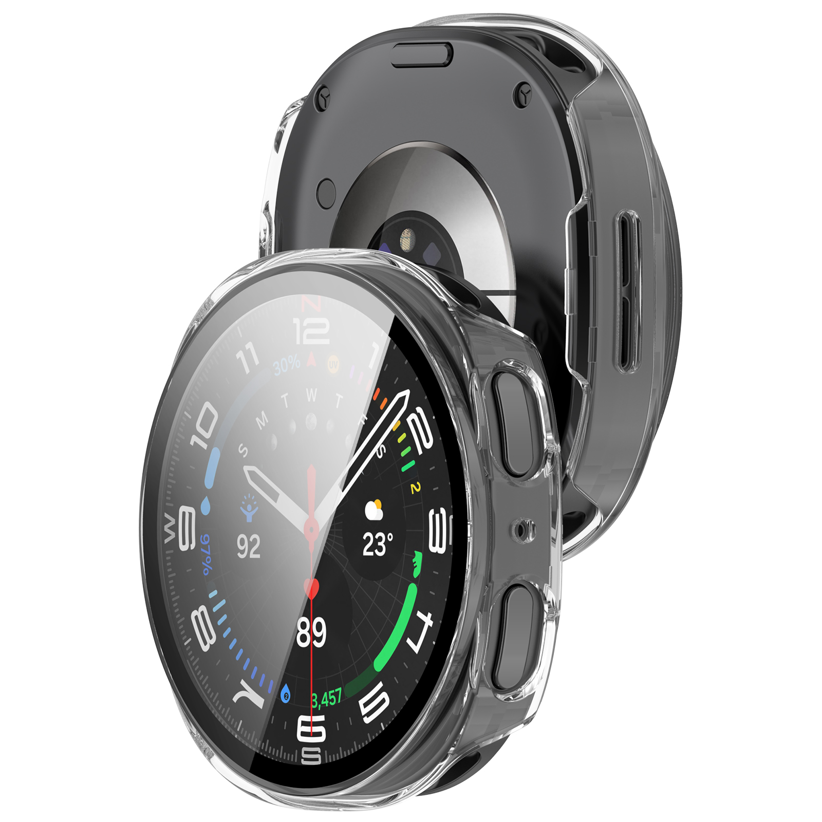 Smartwatch con custodia trasparente, che mostra il quadrante con numeri e dettagli. Isolato.