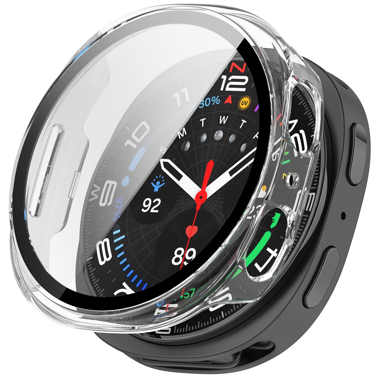 Smartwatch con custodia trasparente, che mostra il quadrante con numeri e dettagli. Isolato.