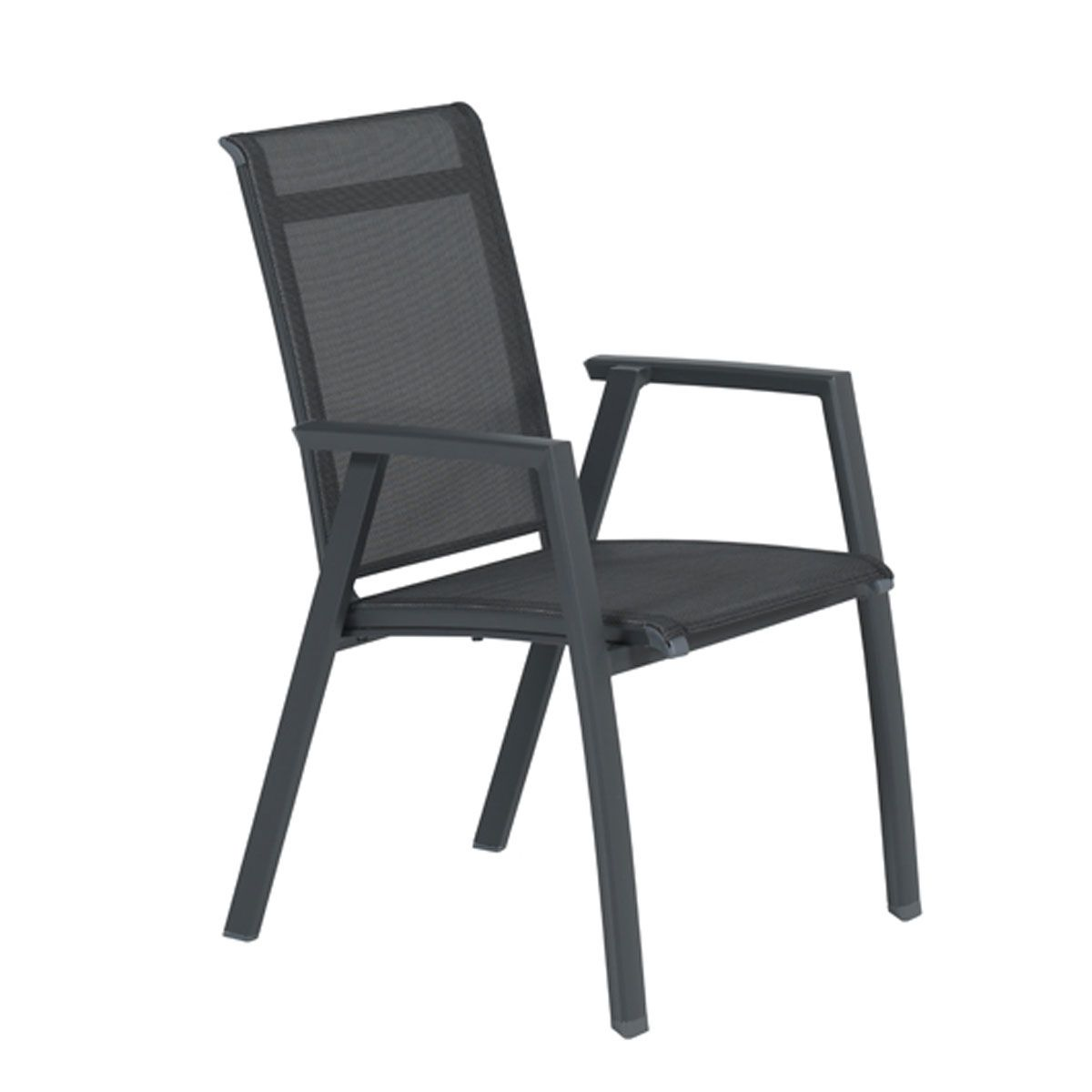One black chair with mesh back and armrests, set against a white background.
