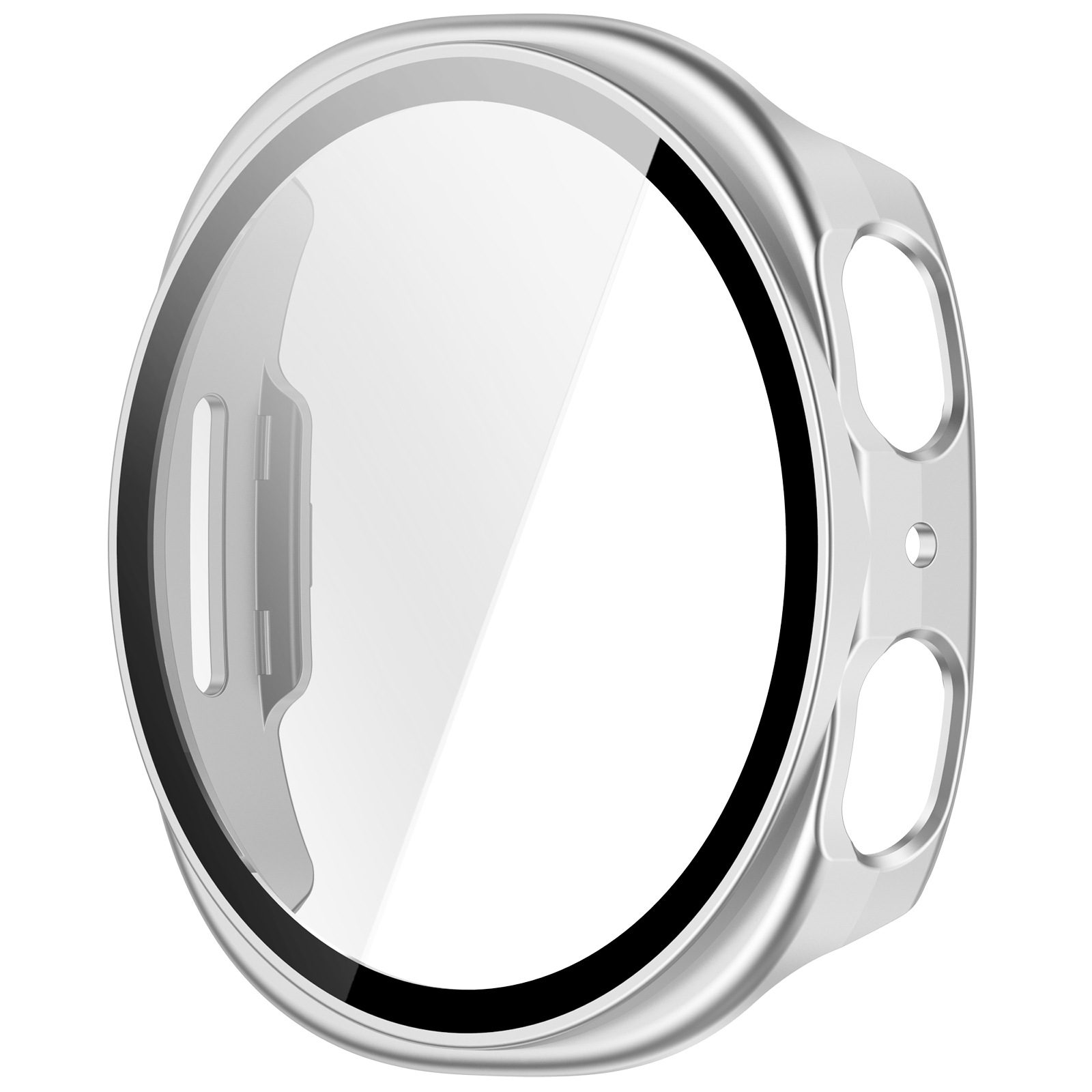 Una custodia per smartwatch argentata con una copertura trasparente. Ha un bordo nero.