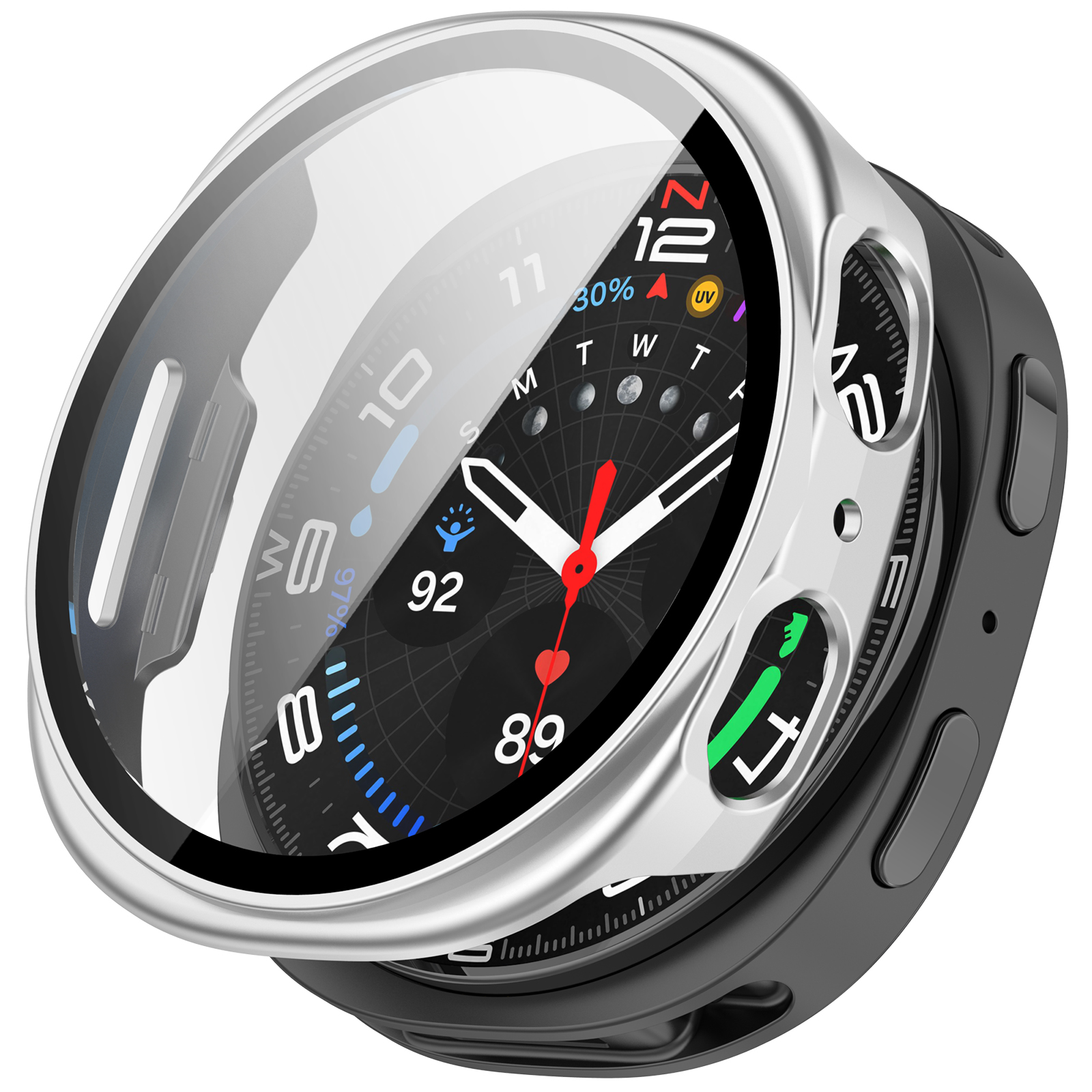 Smartwatch con cassa argentata e copertura trasparente, che mostra il quadrante. Isolato.