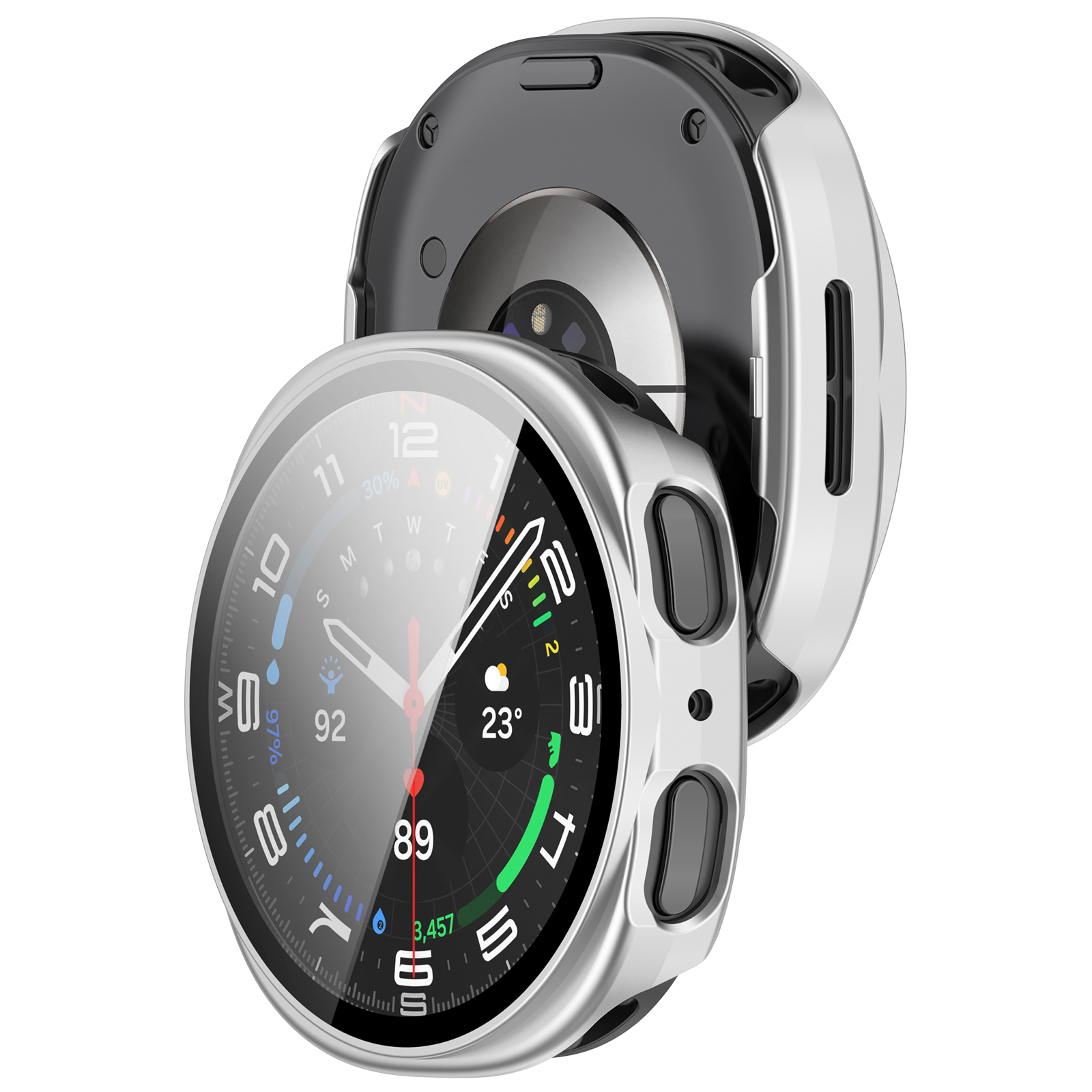 Smartwatch con cassa argentata, che mostra il quadrante con numeri e dettagli. Isolato.