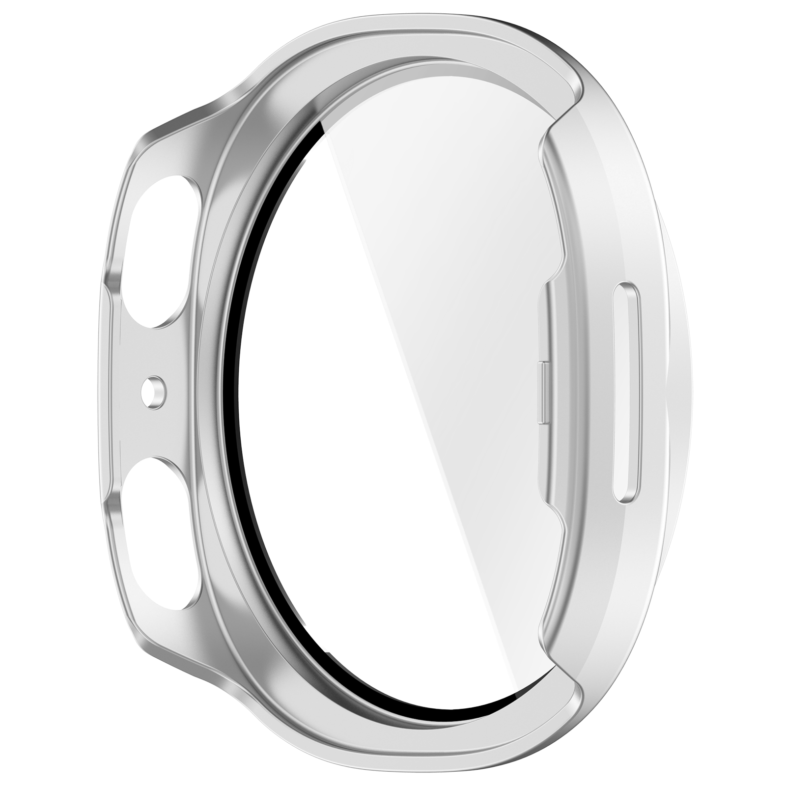 Una protezione schermo circolare argentata per orologio con vetro trasparente. Sfondo bianco.