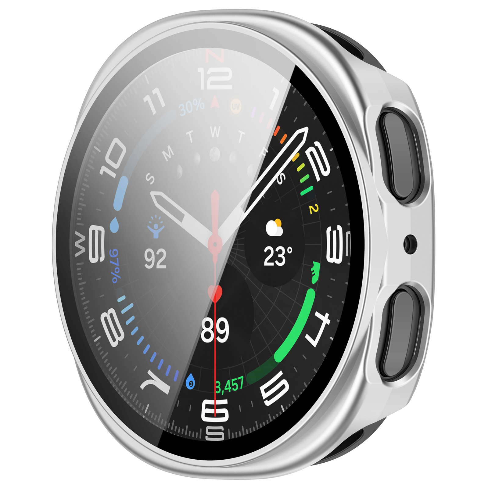 Smartwatch con cassa argentata e copertura trasparente, che mostra il quadrante. Isolato.