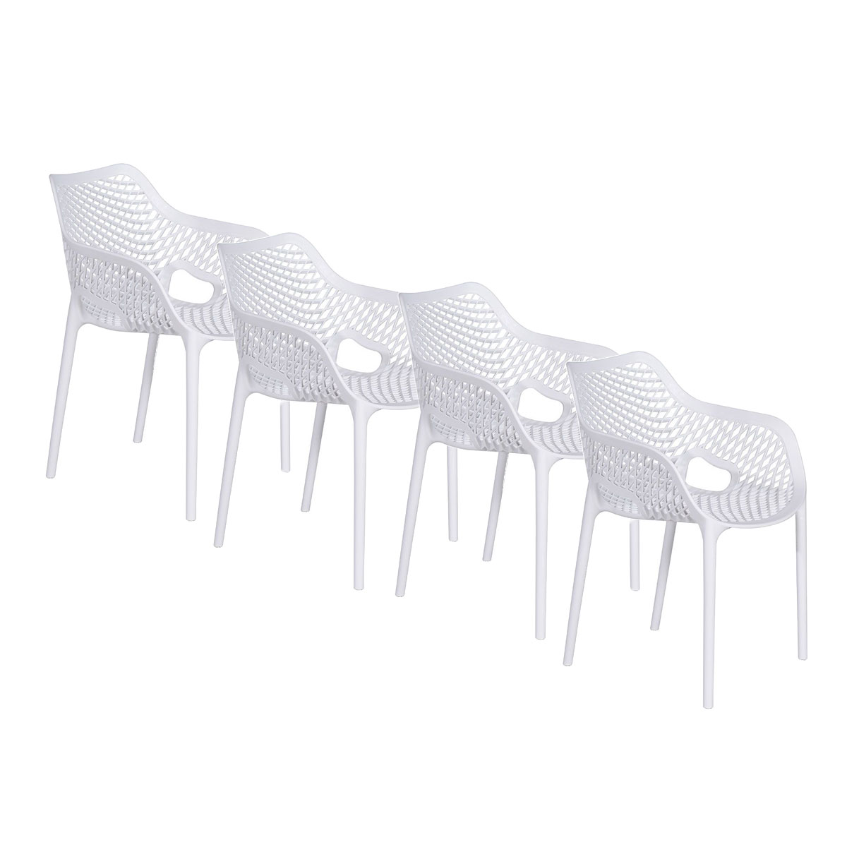 Cinq chaises en plastique blanc avec un motif. Fond blanc.