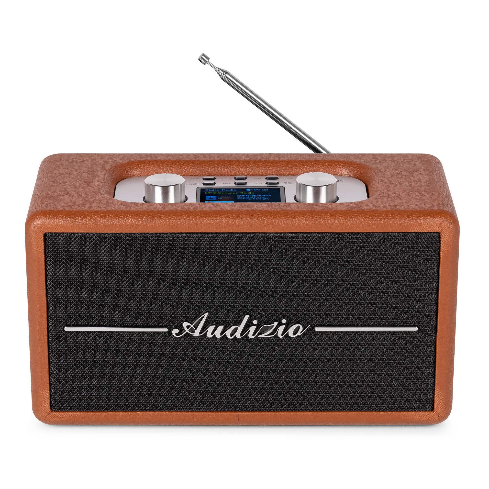 Radio retro marrón con antena y perillas plateadas, marca Audizio visible.