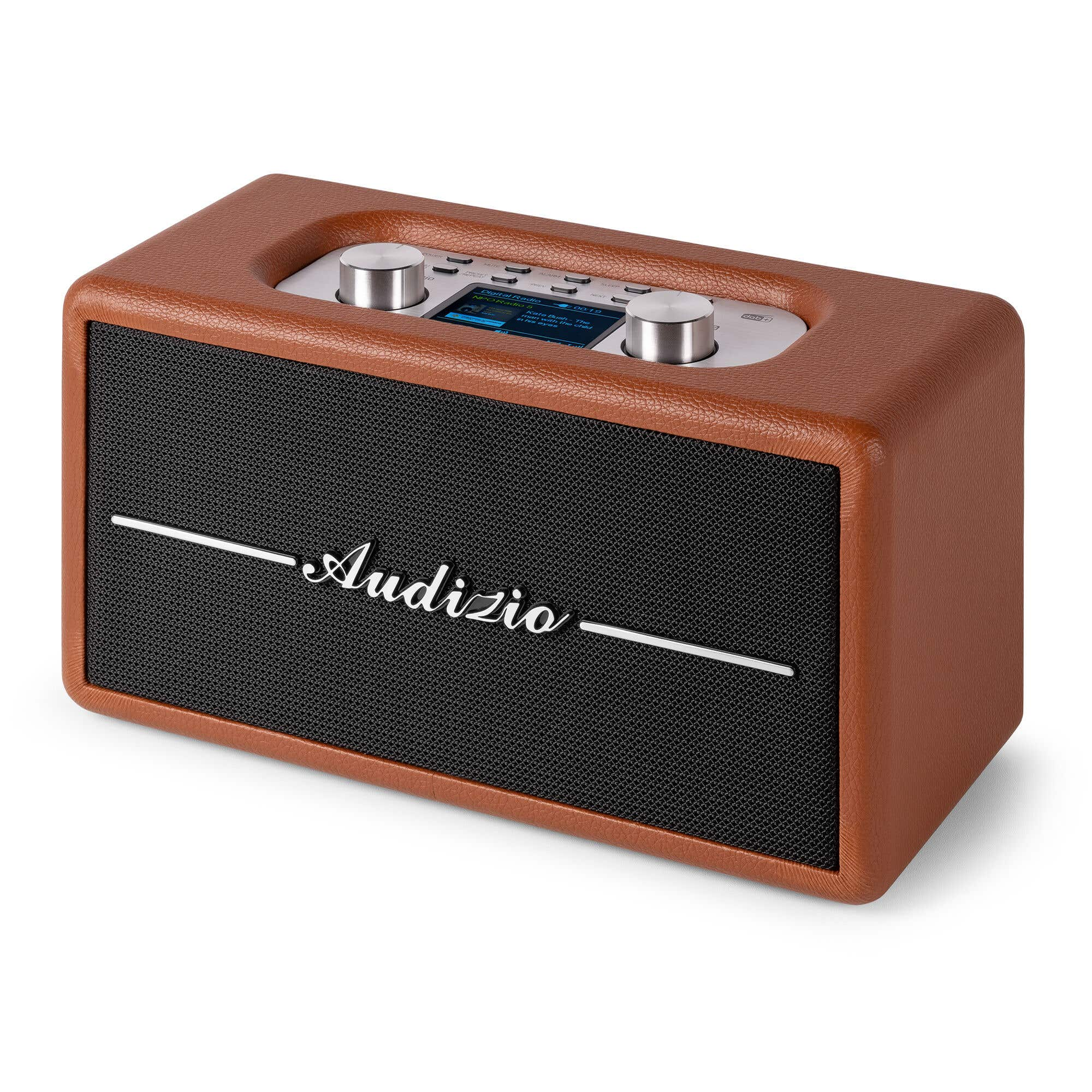 Un altavoz marrón con una rejilla negra y la palabra 'Audizio'. Controles plateados arriba, fondo blanco.