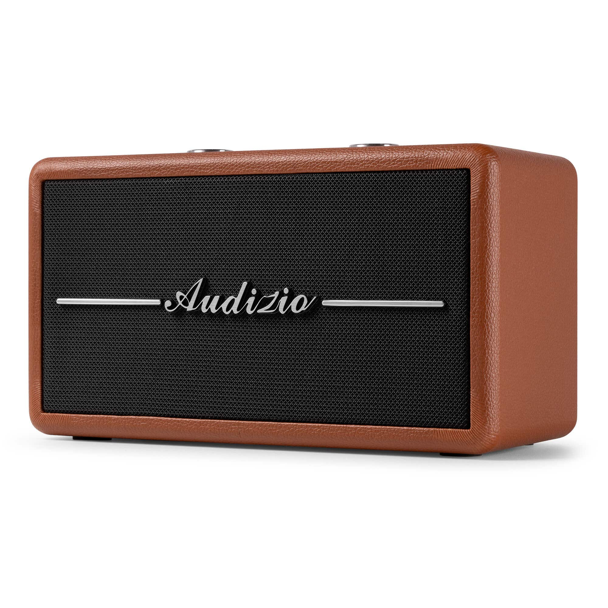 Un altavoz marrón con una rejilla negra y la palabra 'Audizio'. Fondo blanco.
