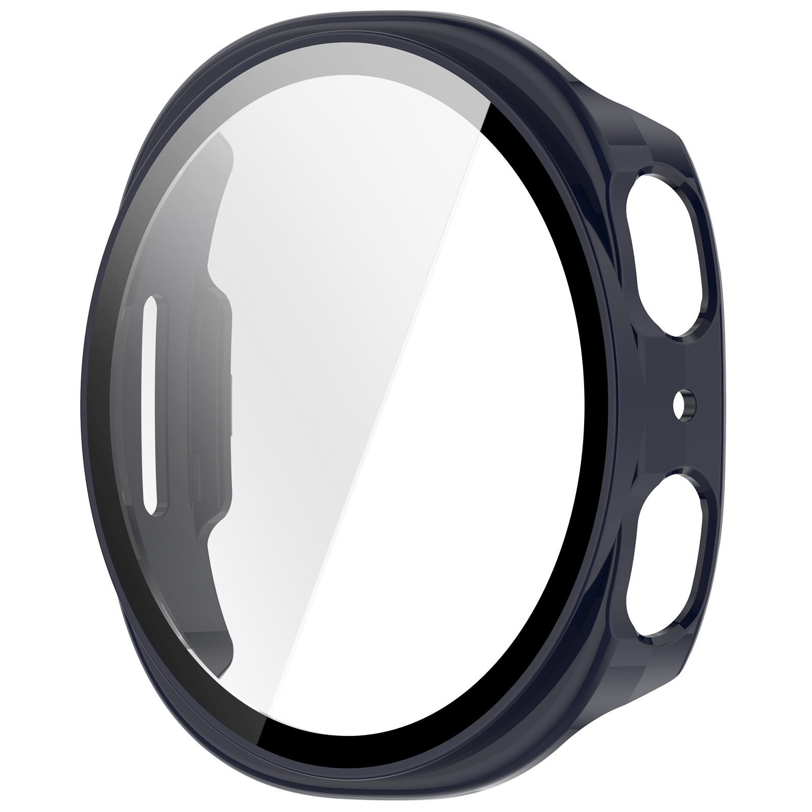 Una custodia blu per smartwatch con protezione schermo trasparente, che mostra il quadrante con dati.