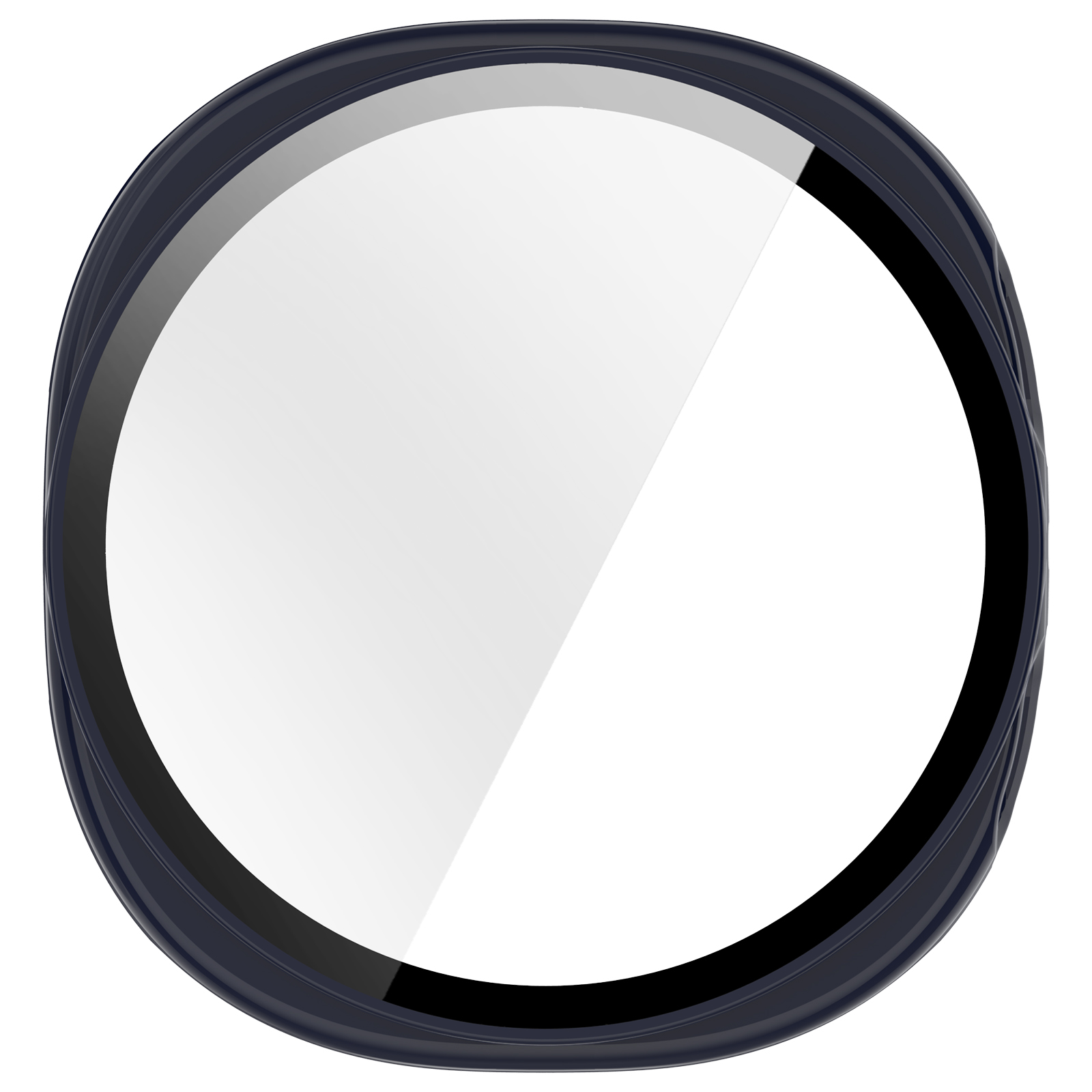 Una protezione schermo circolare per orologio, con cornice nera e vetro trasparente. Sfondo bianco.