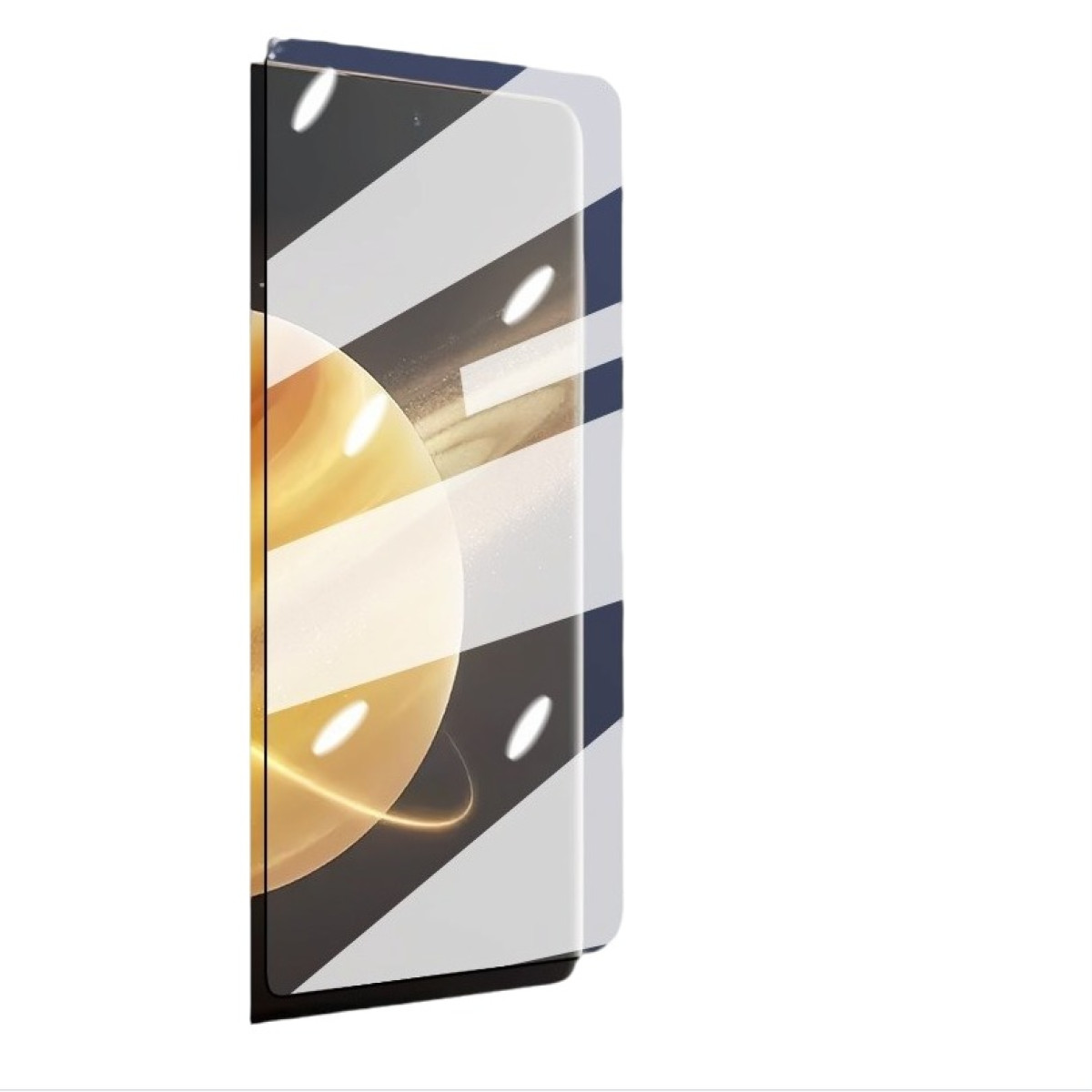Un telefono con protezione schermo, con un motivo a strisce bianche e blu sullo schermo. Sfondo bianco.