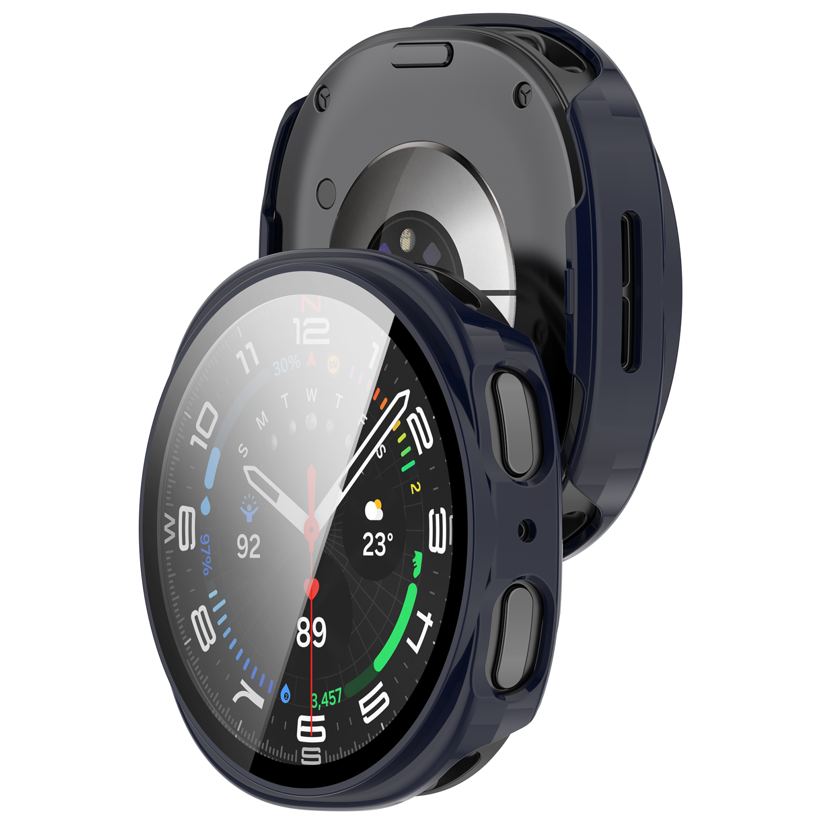 Uno smartwatch con custodia blu, che mostra un quadrante digitale, con il coperchio posteriore accanto.