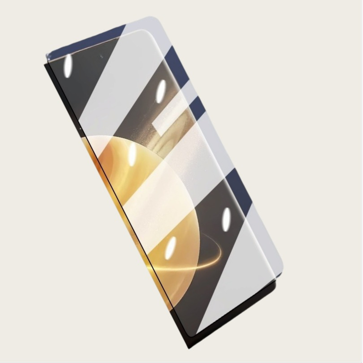 Un telefono con protezione schermo, con un motivo a strisce bianche e blu sullo schermo. Sfondo beige.