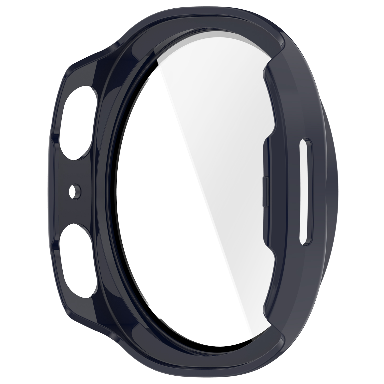Una cassa per orologio blu scuro con una protezione schermo trasparente.