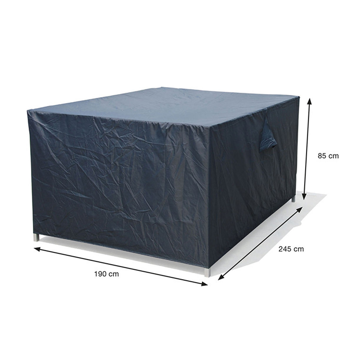 A dark blue rectangular cover over an outdoor table. Dimensions are indicated. White background.