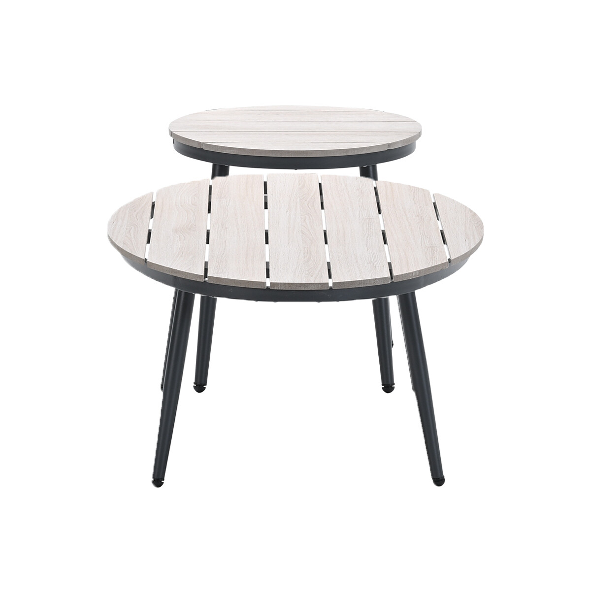 Two small round tables with light wood tops and black legs. They are on a white background.