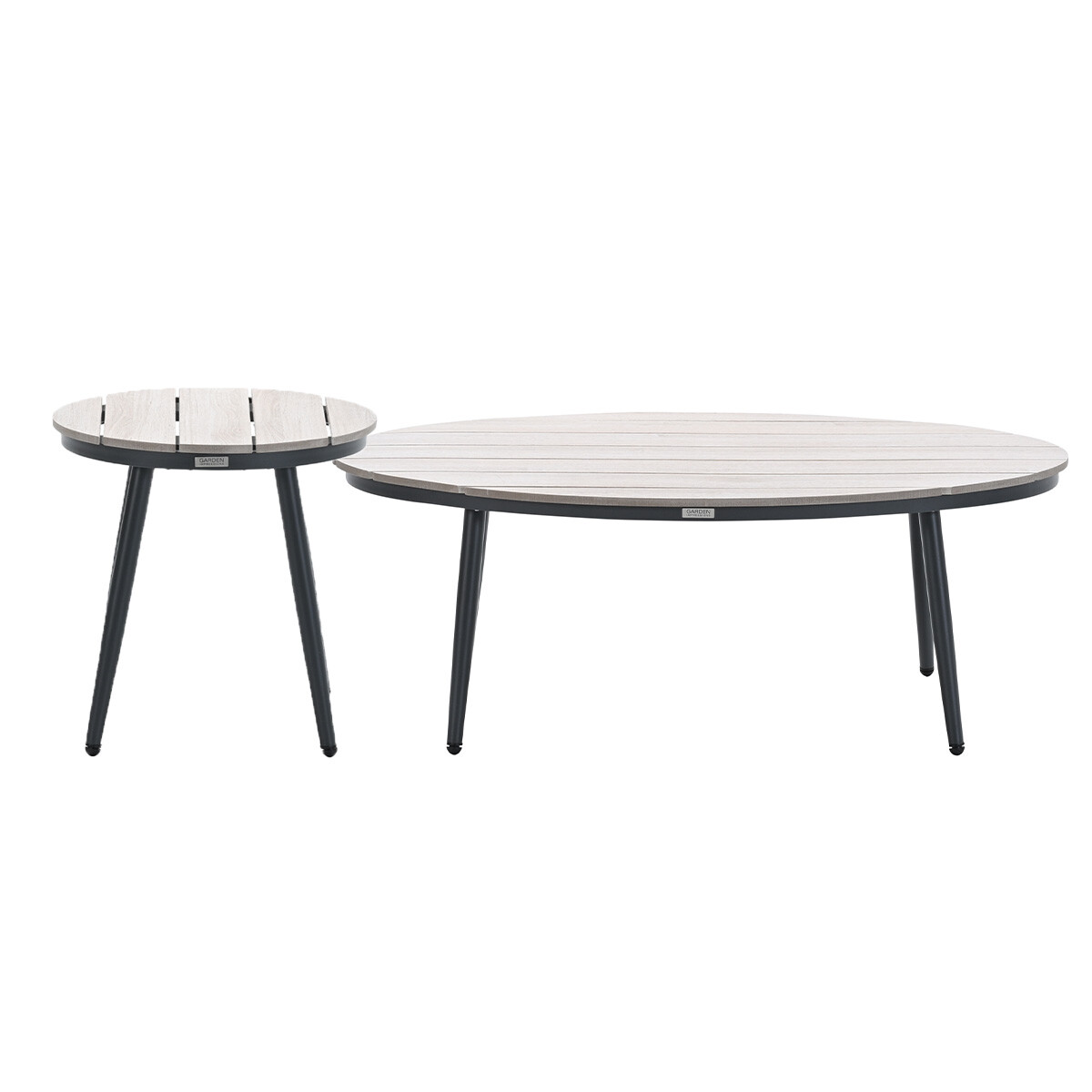 Two tables: a small round one and a larger oval one, both with light wood tops and black legs.
