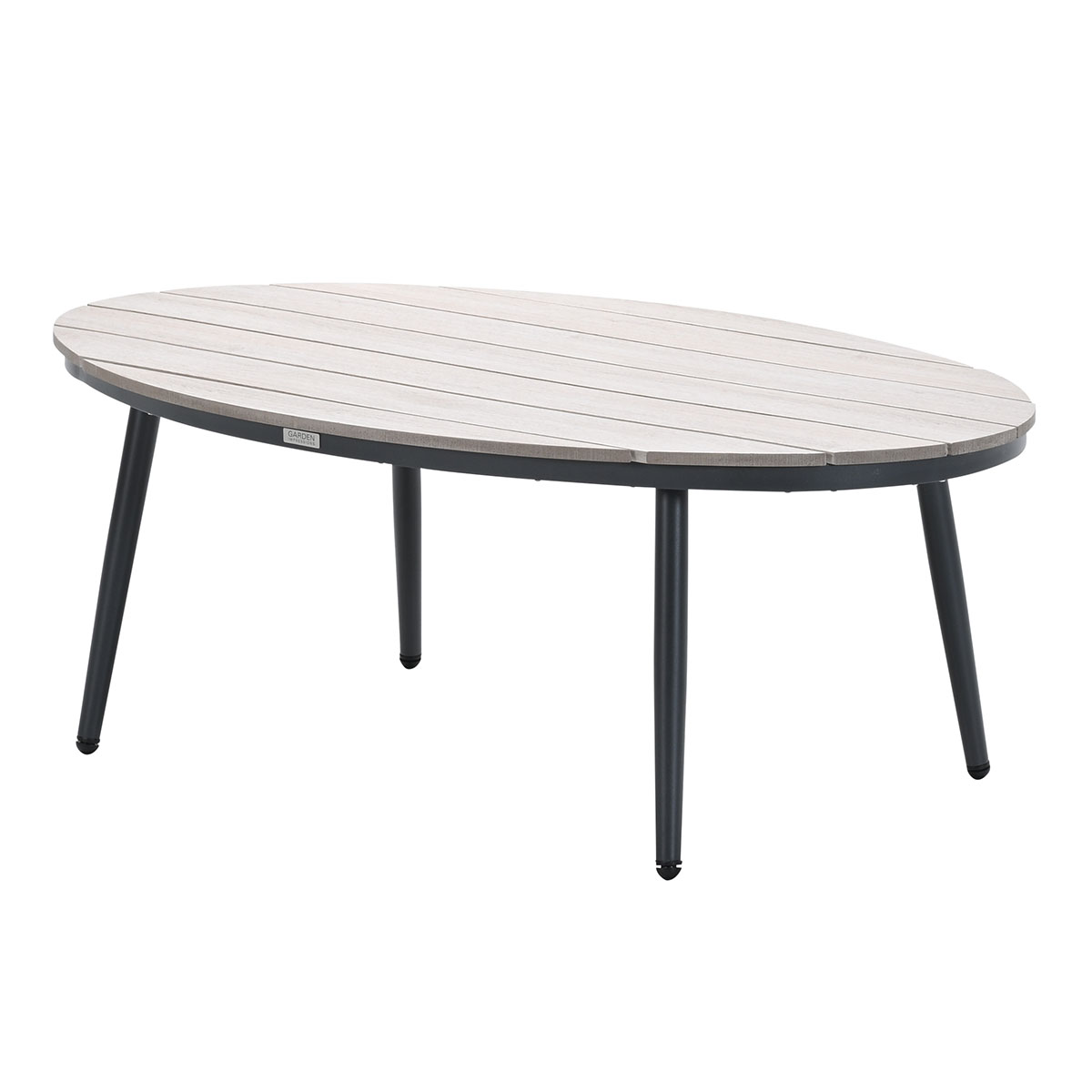 Oval wooden table with black legs. The table has a light wood grain appearance.
