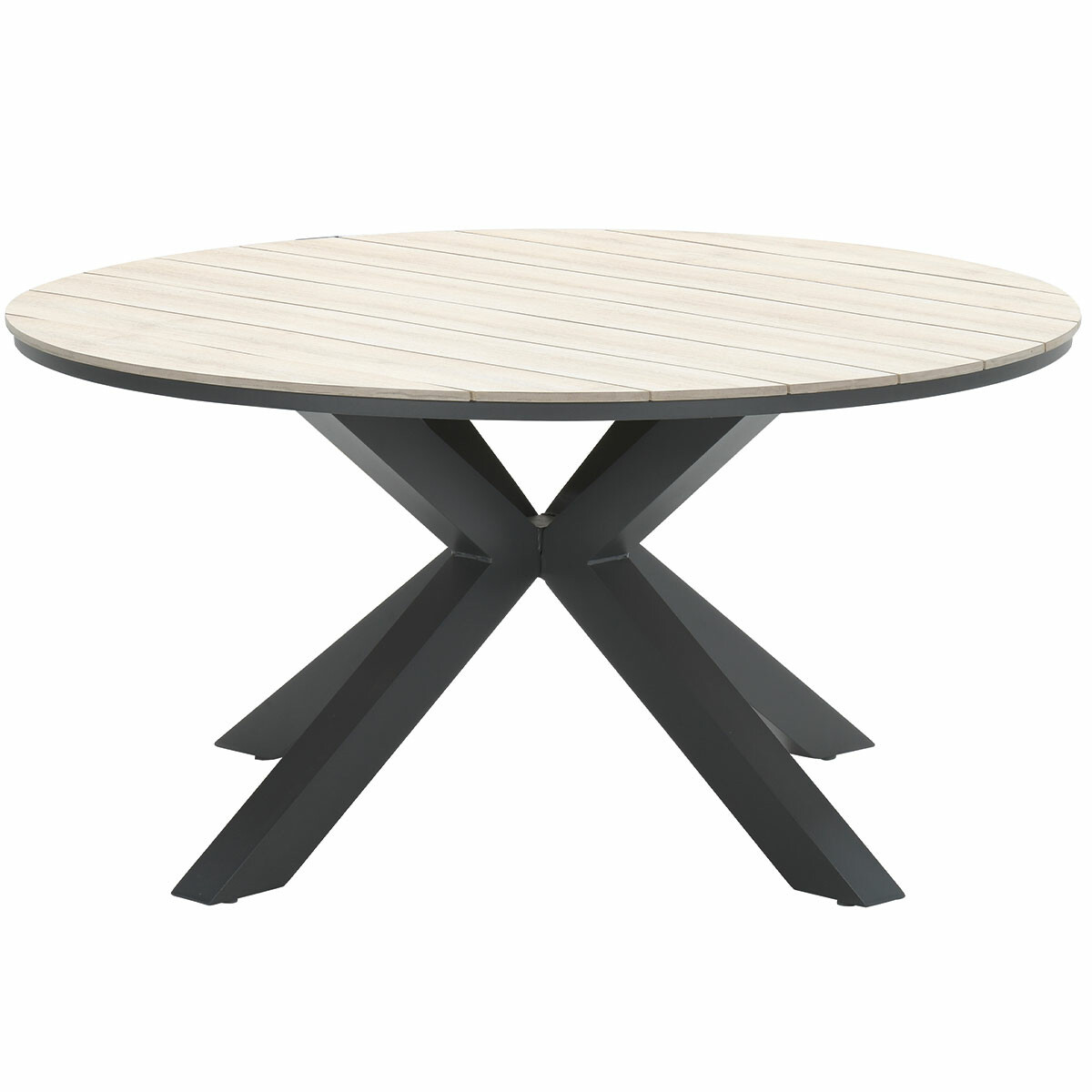 Round outdoor table with a light wood top and dark gray legs.