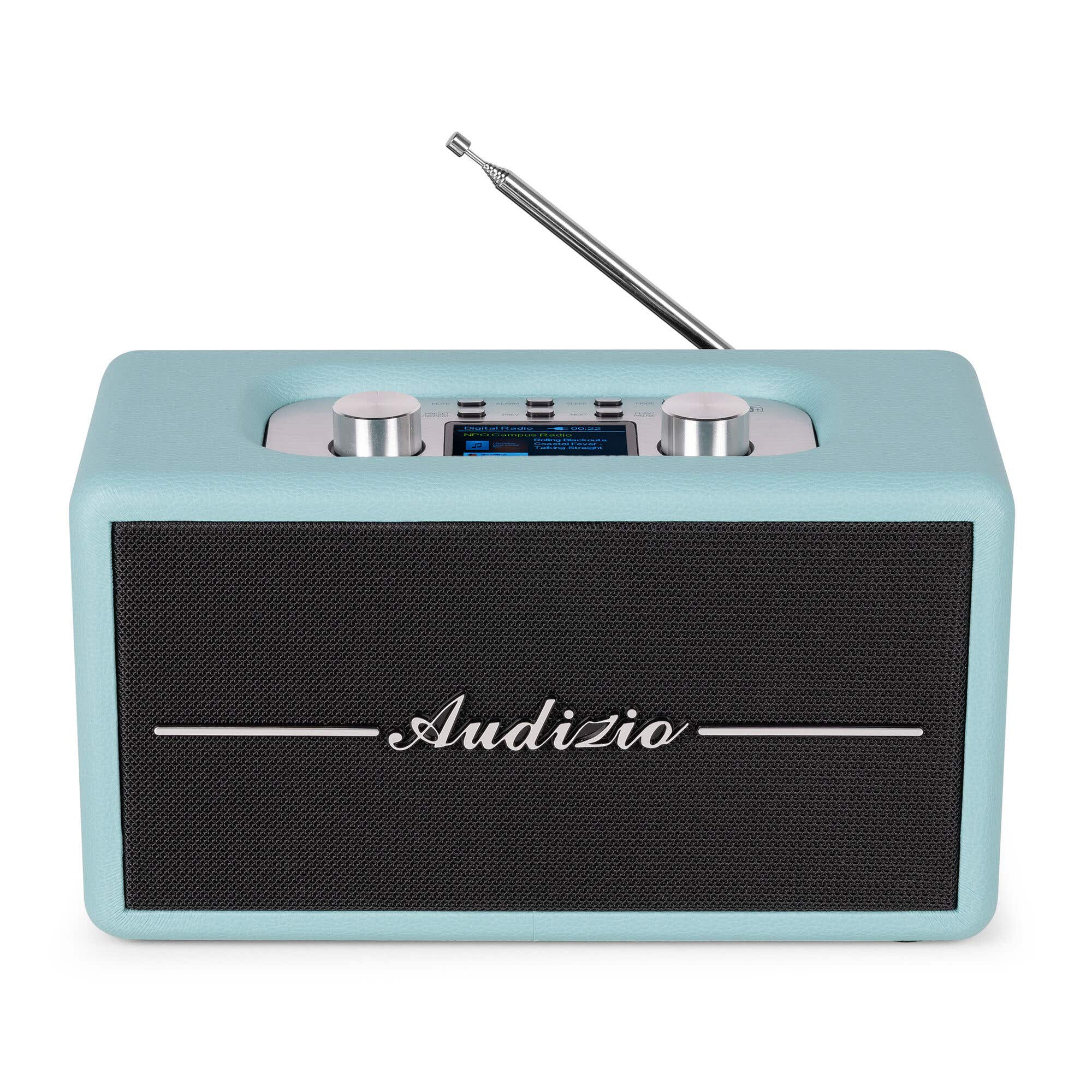 Radio retro azul claro con altavoz de malla negra. Dos perillas arriba. Dice 'Audizio'.