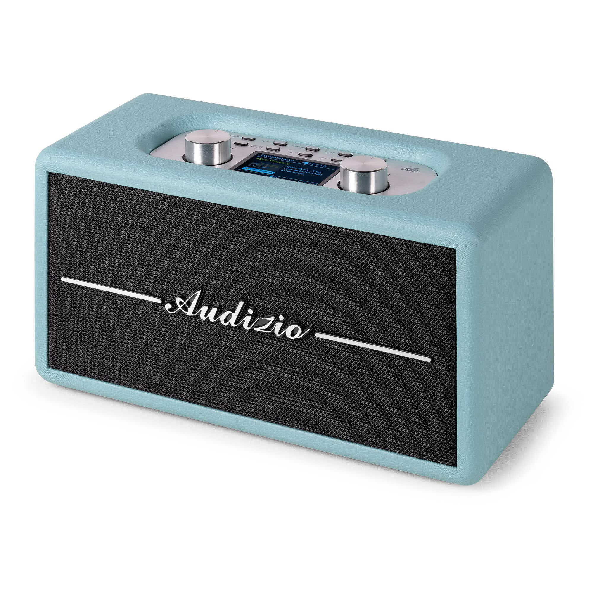 Primer plano de una radio azul claro con altavoz negro y la palabra 'Audizio' escrita.