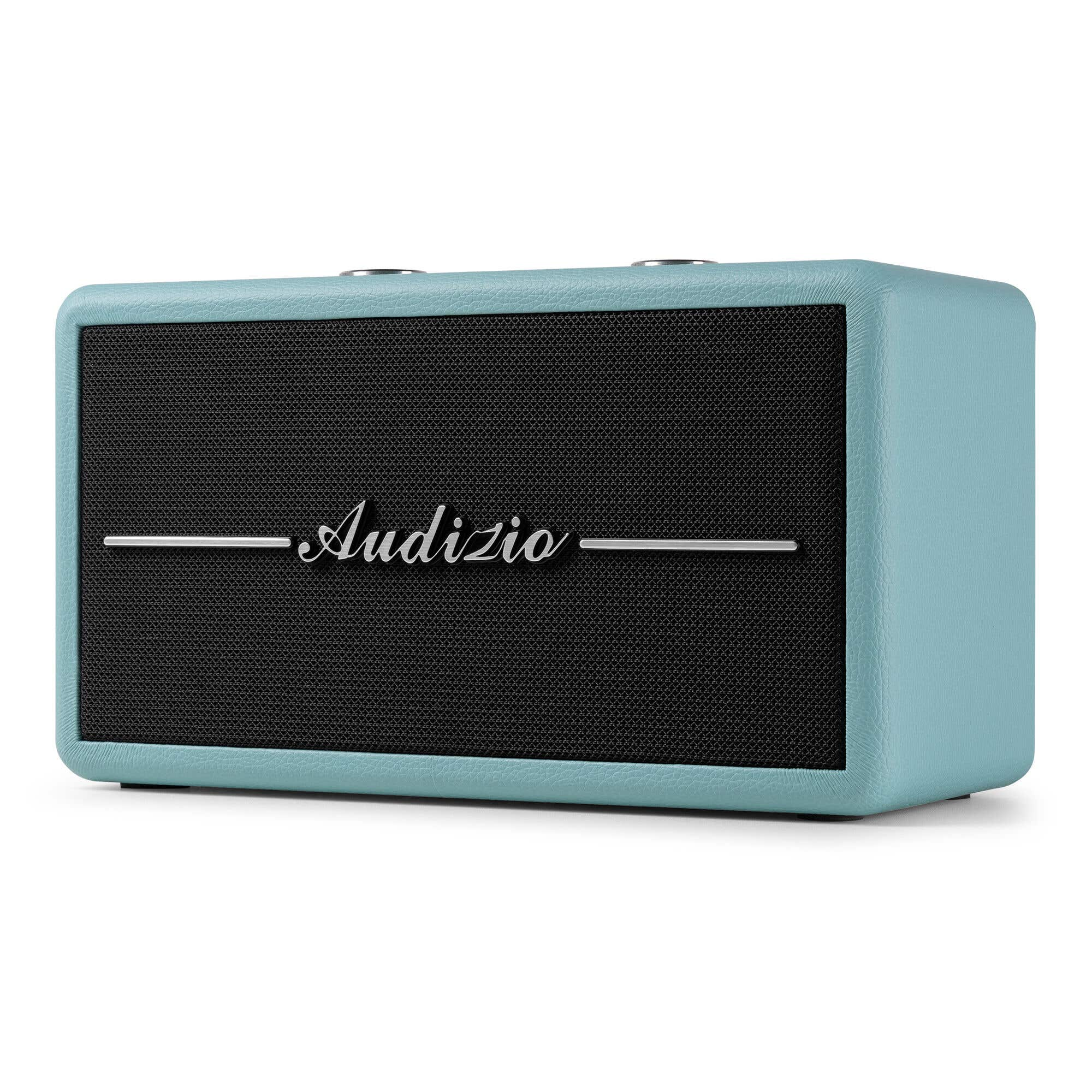Radio retro azul claro con altavoz de malla negra. 'Audizio' escrito en blanco.