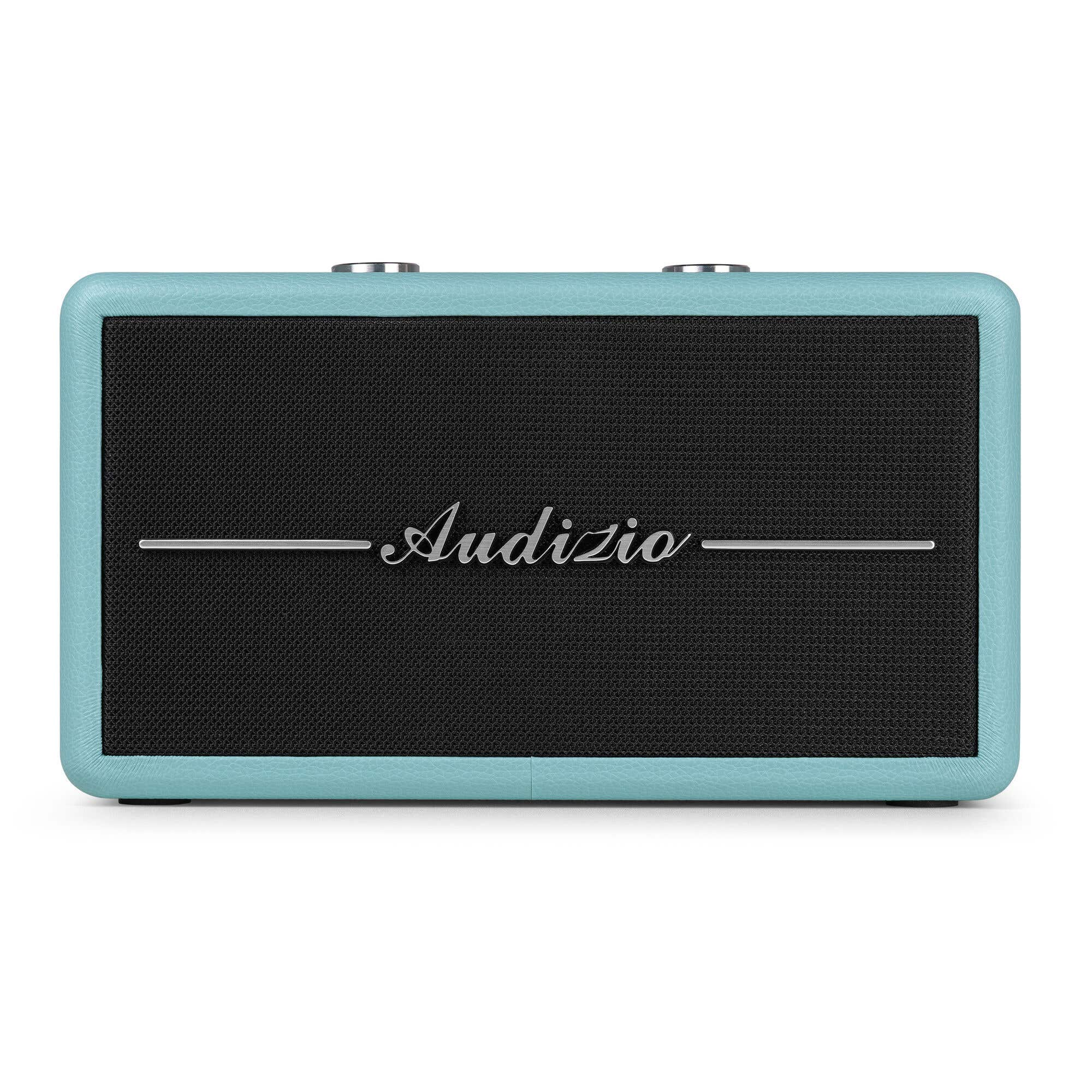 Radio retro azul claro con altavoz de malla negra. 'Audizio' escrito en el altavoz.