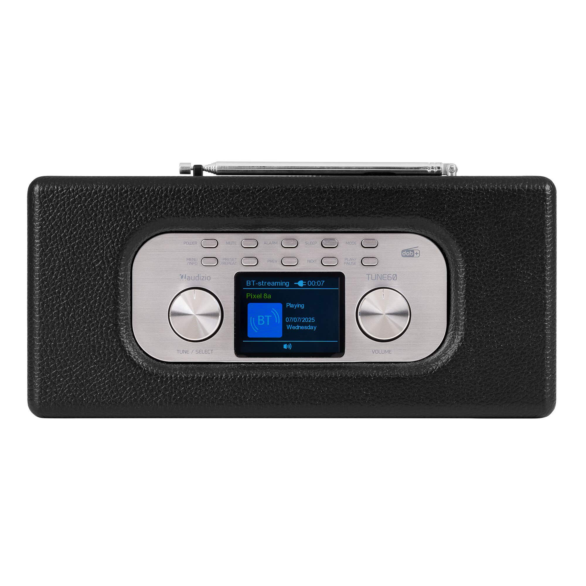 Radio negra con pantalla digital. La pantalla muestra transmisión BT y la palabra 'Tune60'.