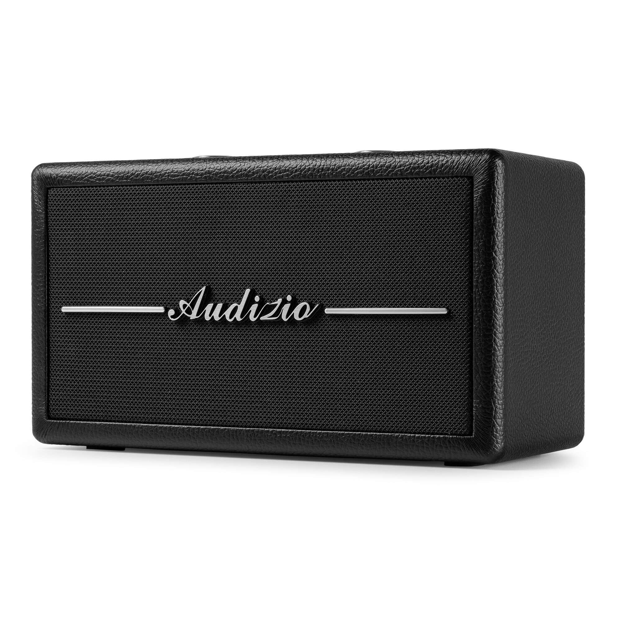 Radio negro con altavoz de malla y 'Audizio' escrito en él. Fondo blanco.
