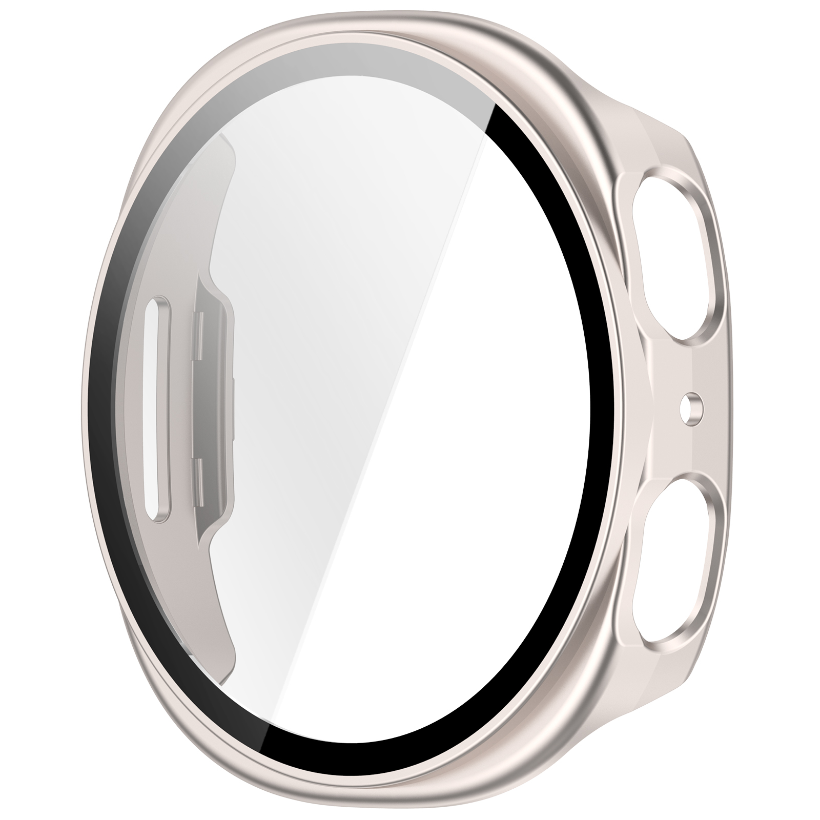 Custodia per orologio argentata con protezione schermo trasparente. Pulsanti visibili. Sfondo bianco.