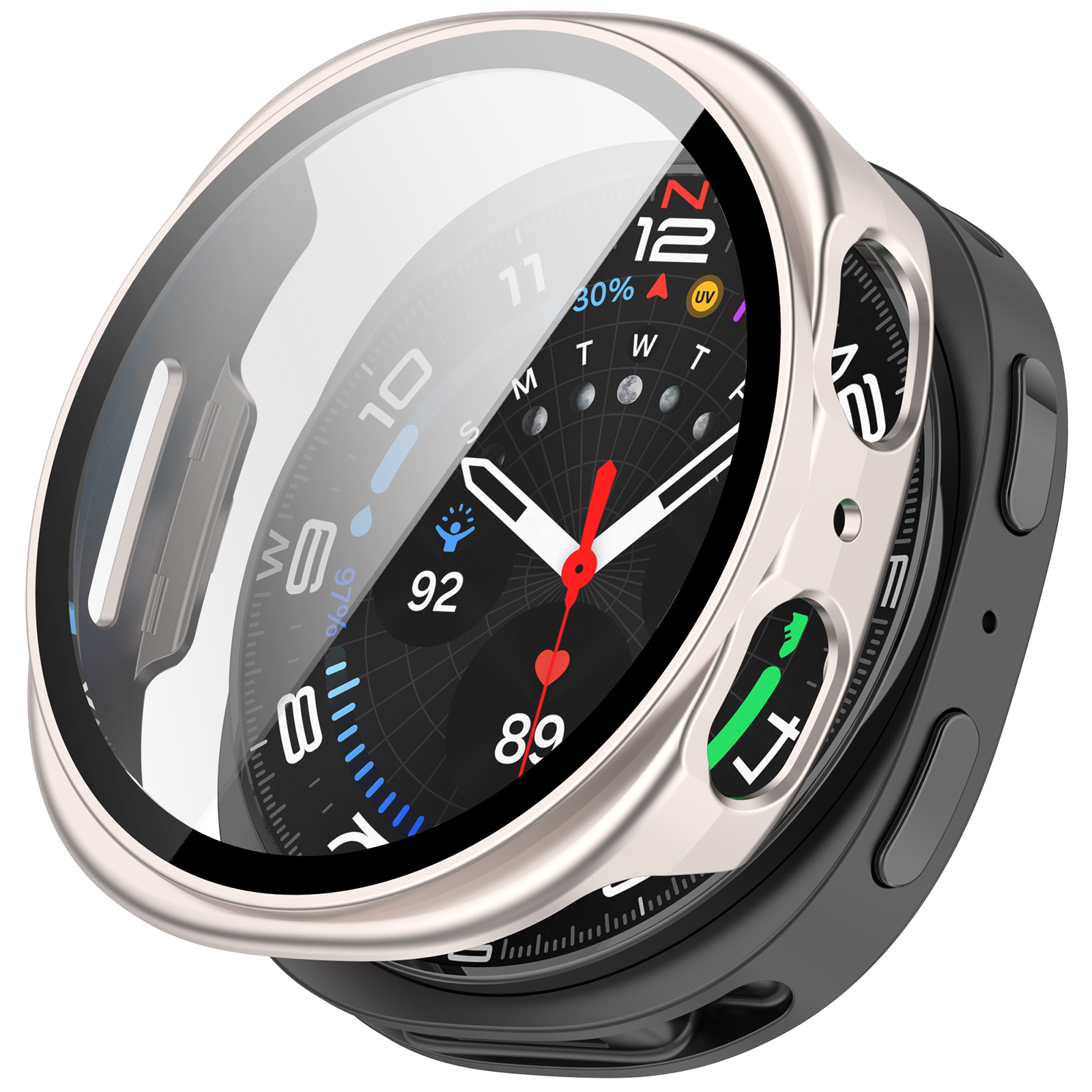 Custodia per smartwatch argentata con quadrante nero. Mostra ora, dati sanitari e indice UV.