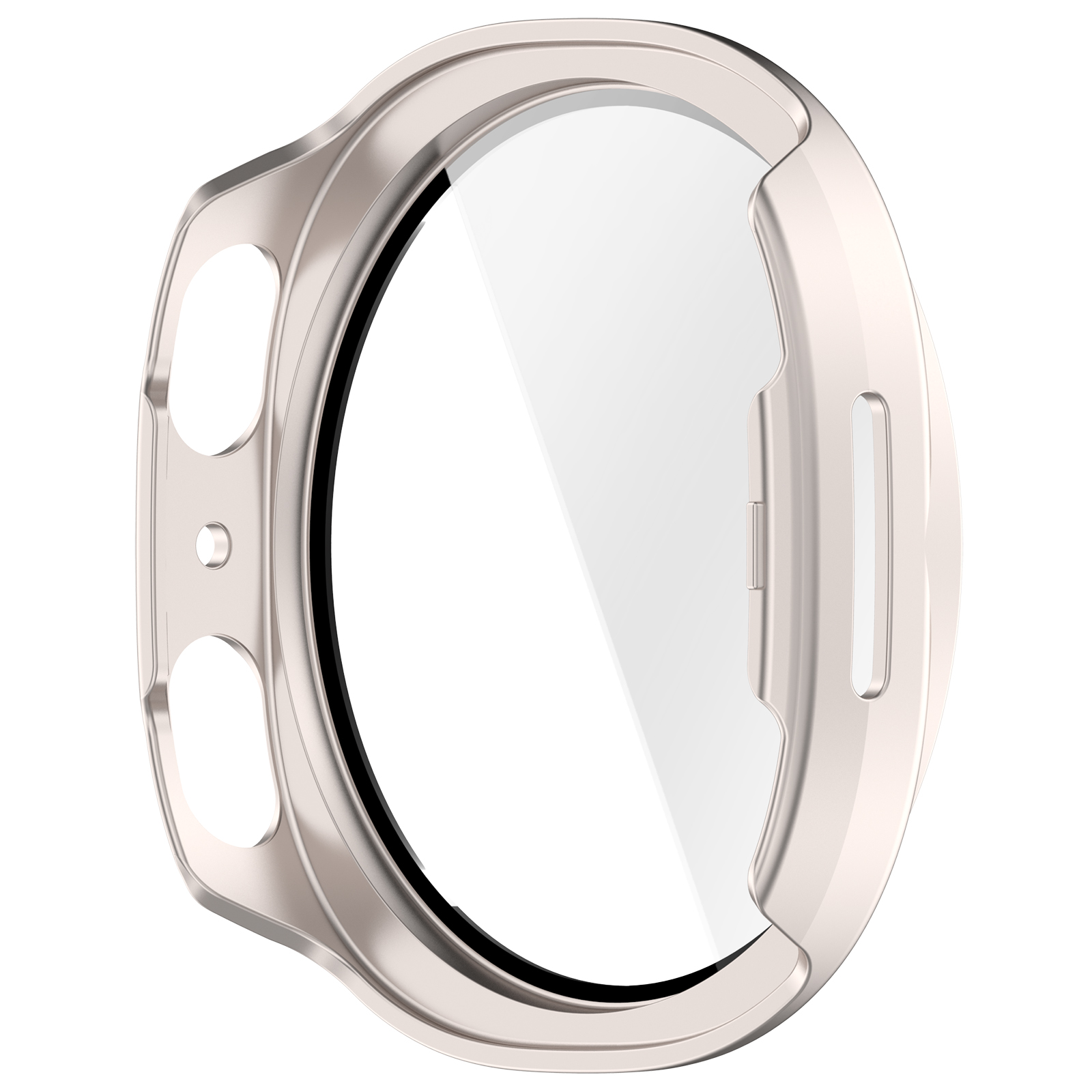 Custodia per smartwatch argentata con protezione schermo trasparente, mostra un design protettivo.
