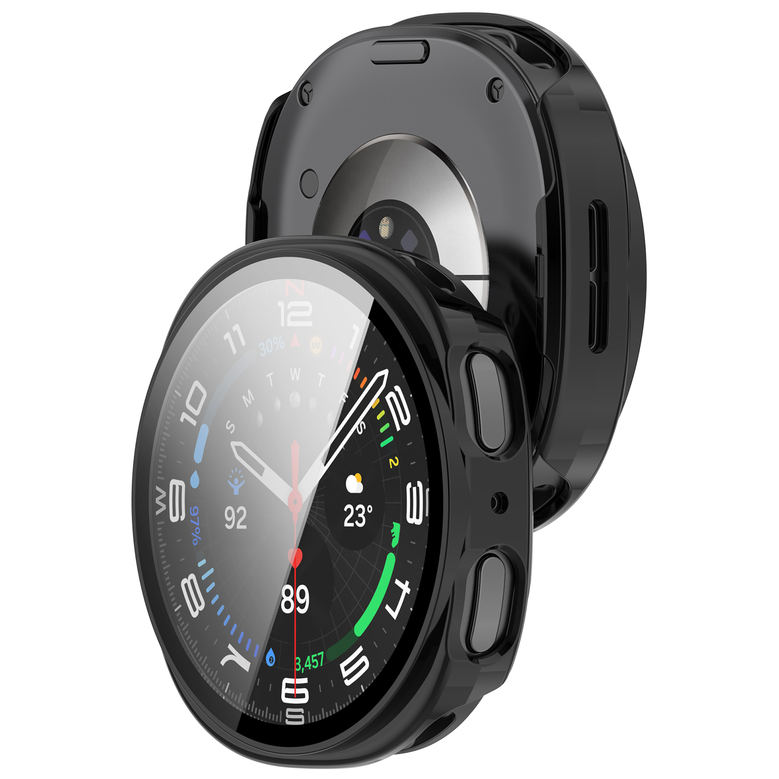 Carcasa negra para smartwatch con la esfera visible y una pieza trasera separada.