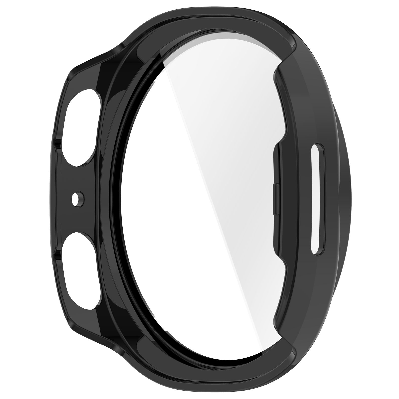 Carcasa negra para smartwatch con protector de pantalla transparente.