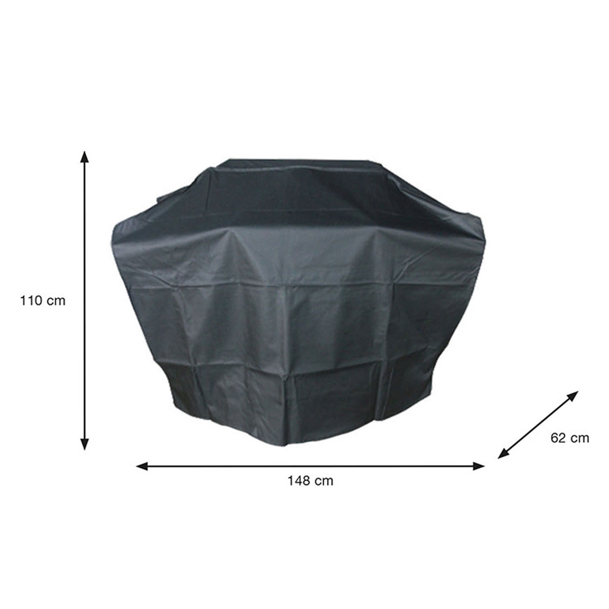 Black grill cover, dimensions: 148x62x110 cm. Arrows indicate measurements. Background is white.
