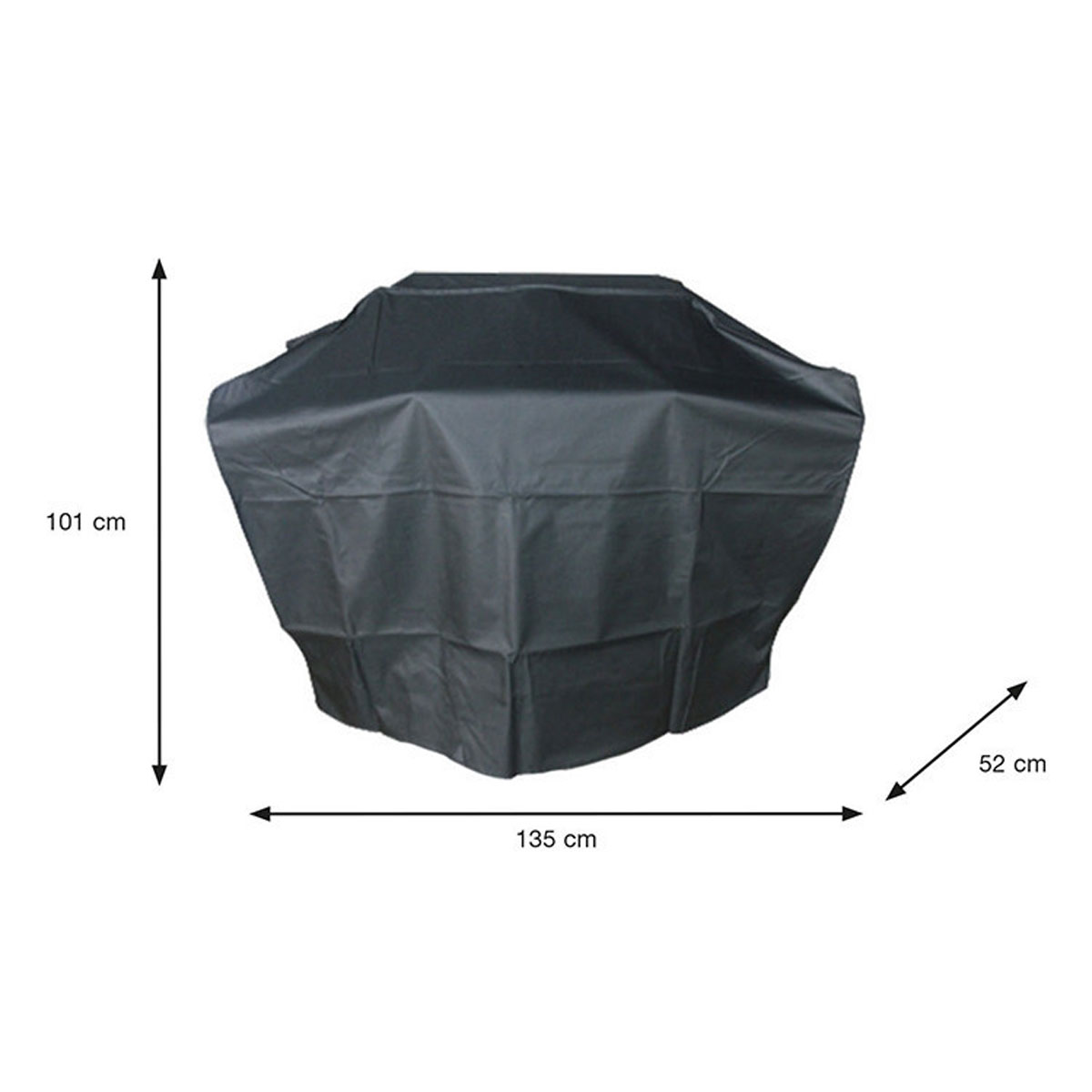 Black grill cover, dimensions: 135x52x101 cm. Arrows indicate measurements. Background is white.