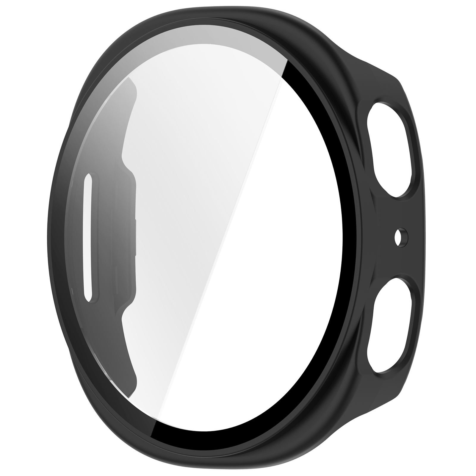 Custodia protettiva nera per smartwatch. Proteggi schermo trasparente. Sfondo bianco.
