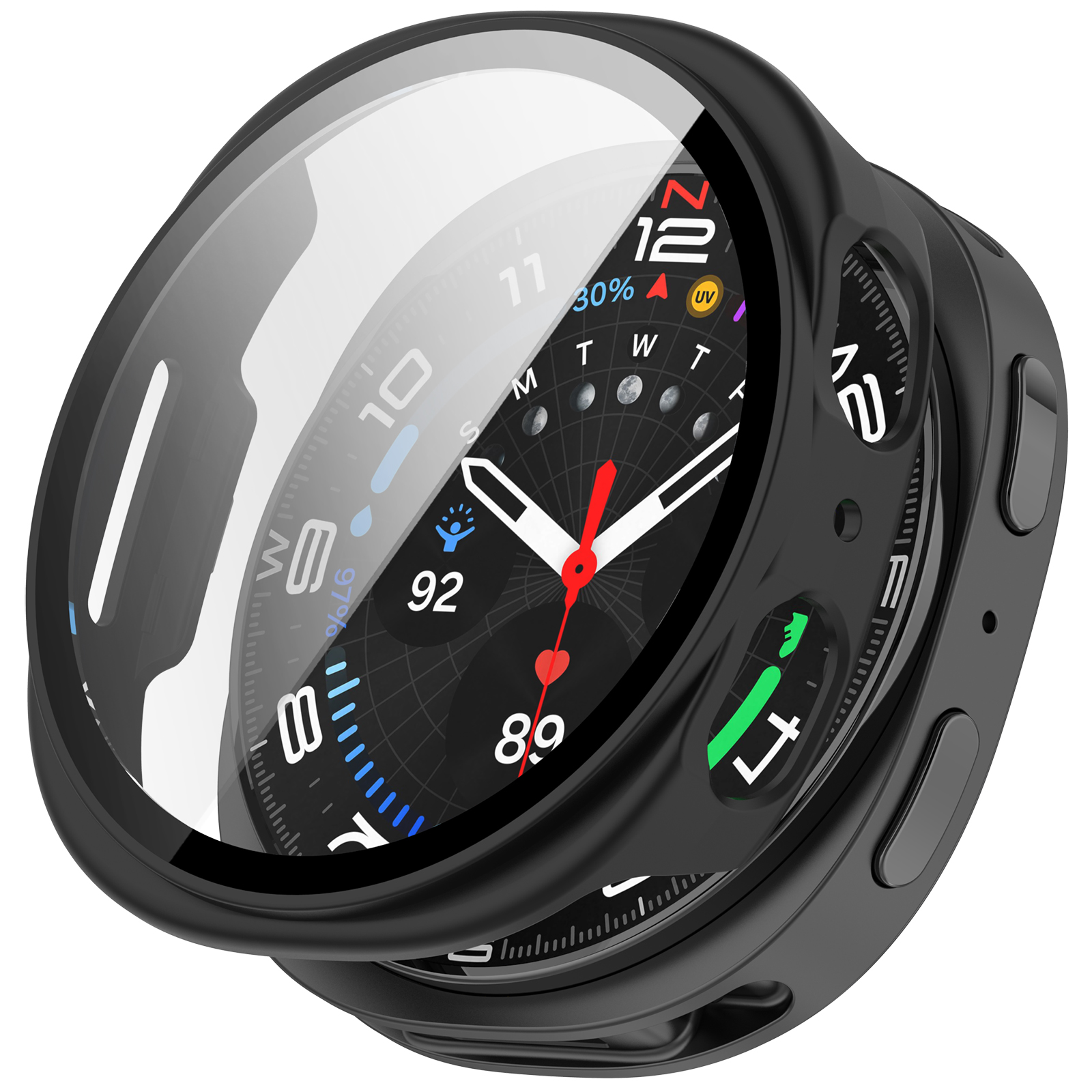 Smartwatch nero con schermo che mostra ora, frequenza cardiaca e altre metriche. Sfondo bianco.
