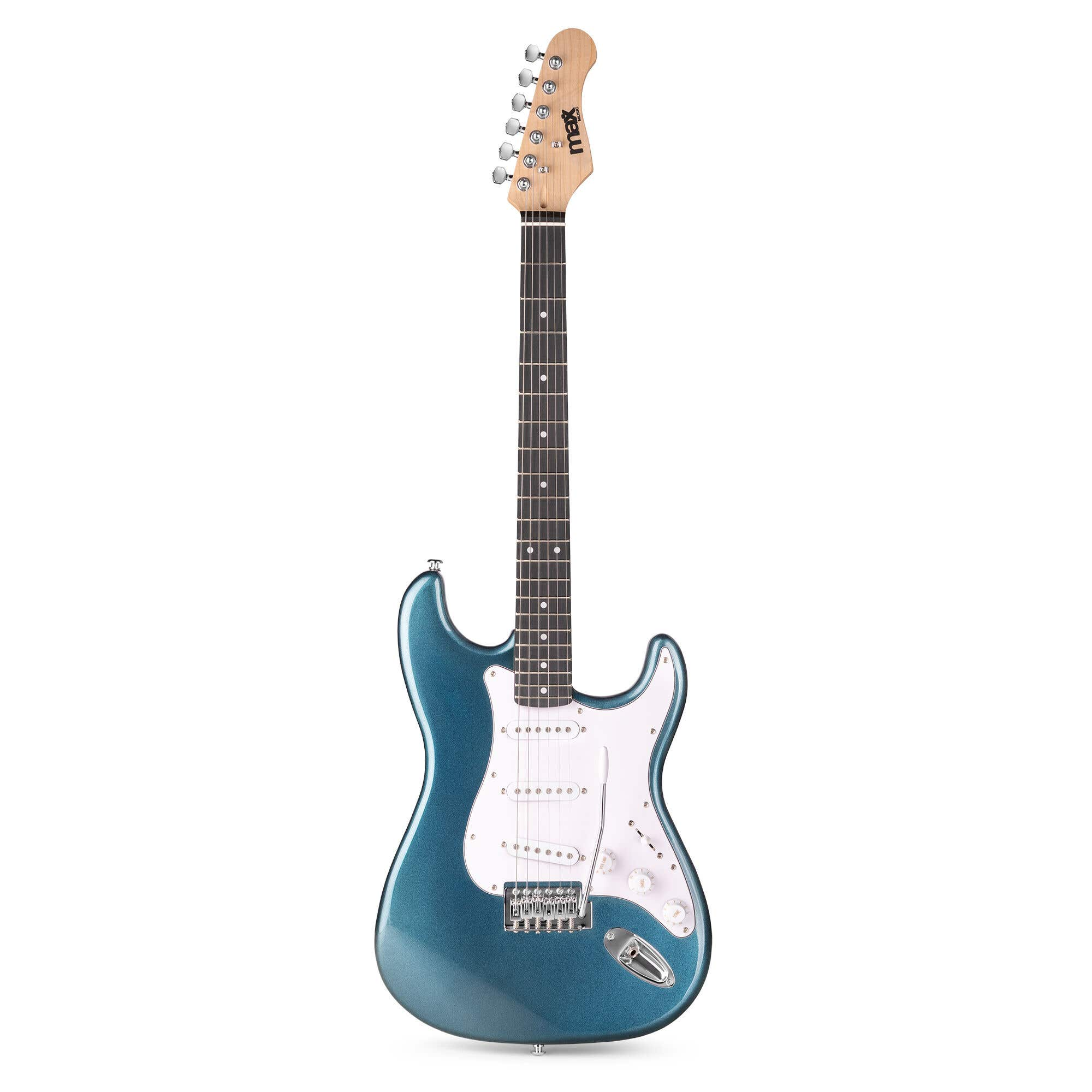 Guitarra eléctrica azul con golpeador blanco y seis cuerdas. Sobre fondo blanco.