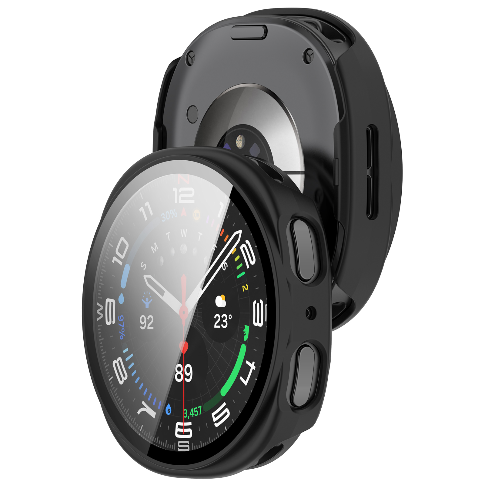 Custodia protettiva nera per smartwatch. Proteggi schermo trasparente. Sfondo bianco.