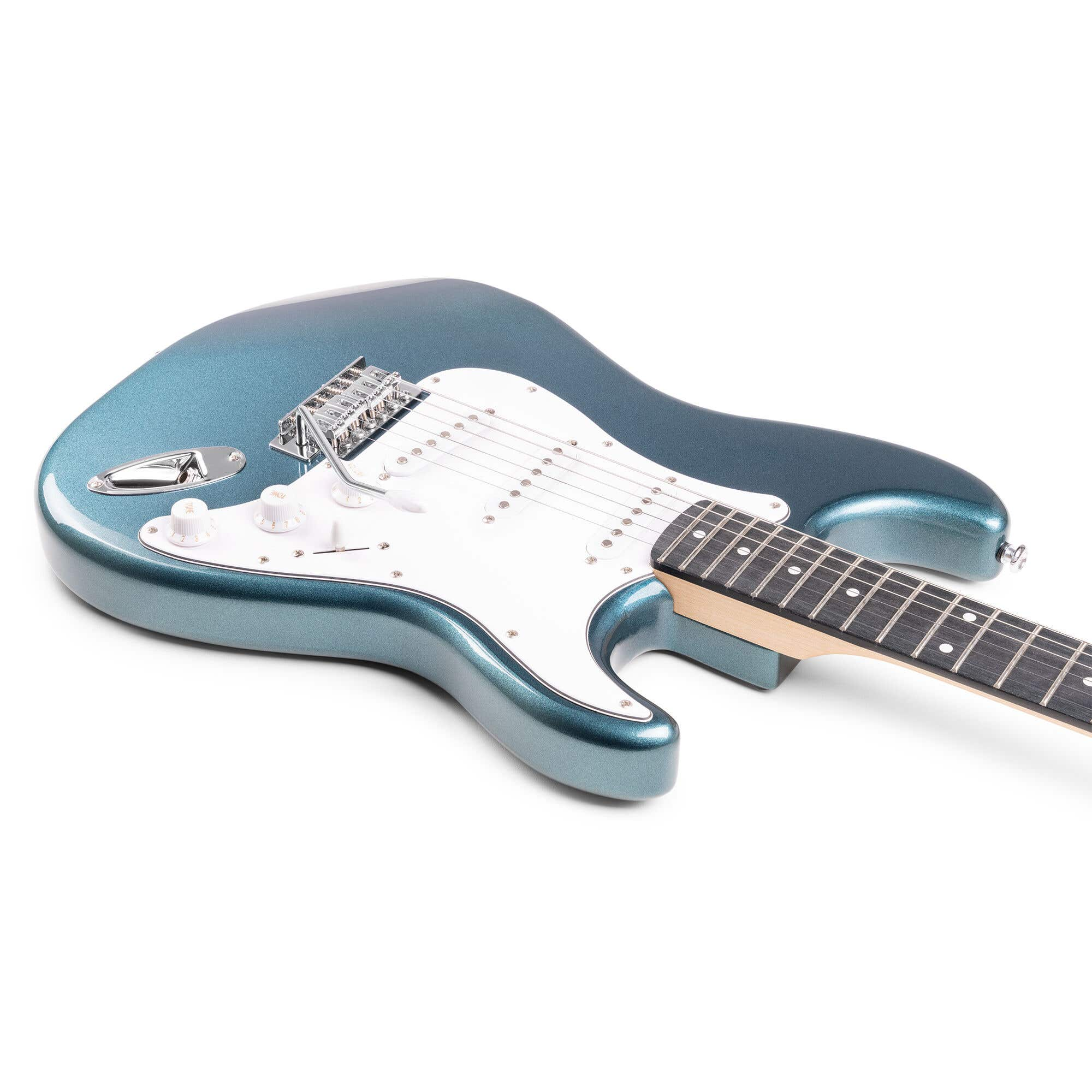 Guitarra eléctrica azul sobre un fondo blanco. La guitarra está en ángulo.