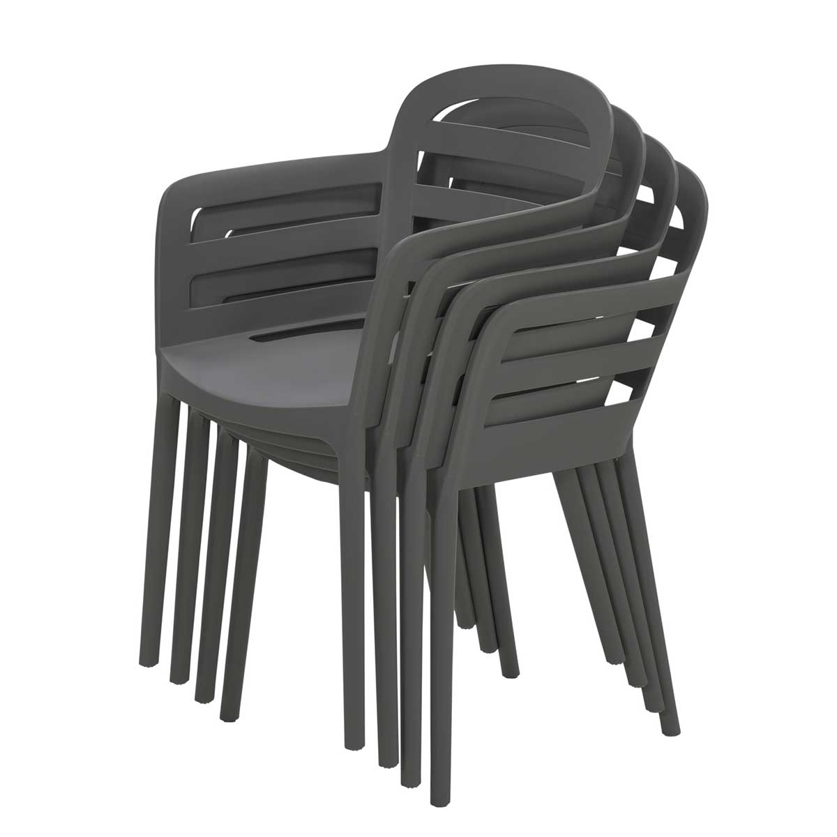 Six stacked gray chairs on white background. Chairs have armrests and vertical back slats.