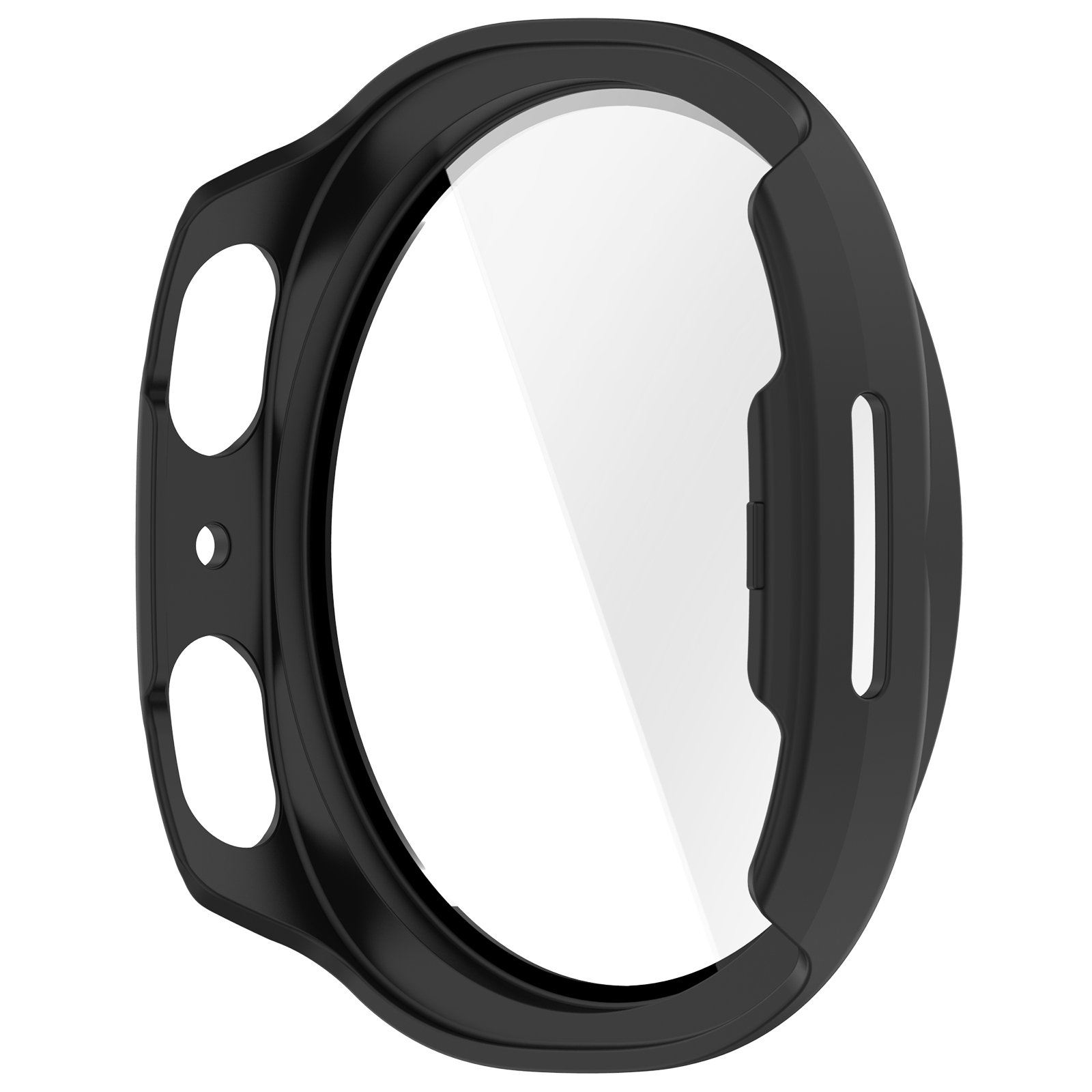 Cassa rotonda nera per orologio con copertura trasparente. La cassa ha forma circolare.