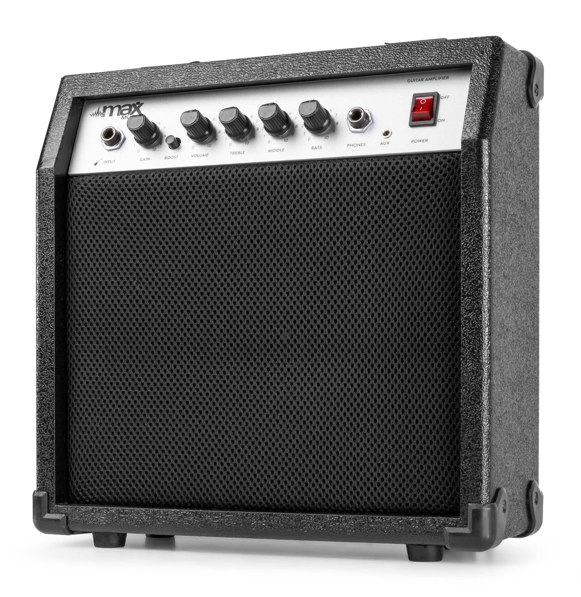 Un pequeño amplificador de guitarra negro con un altavoz, perillas y un interruptor de encendido/apagado.