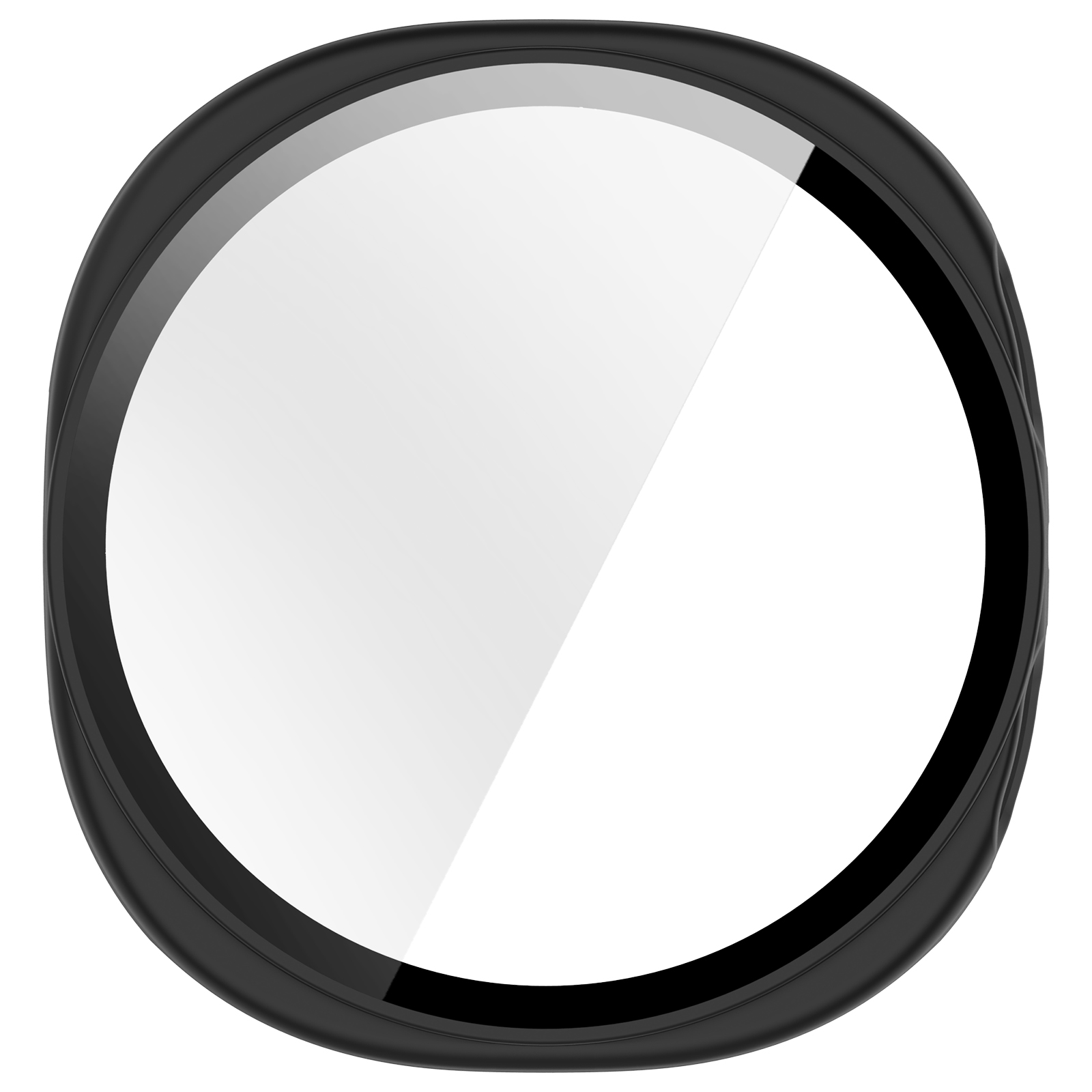 Cassa rotonda nera per orologio con copertura trasparente. La copertura è circolare.