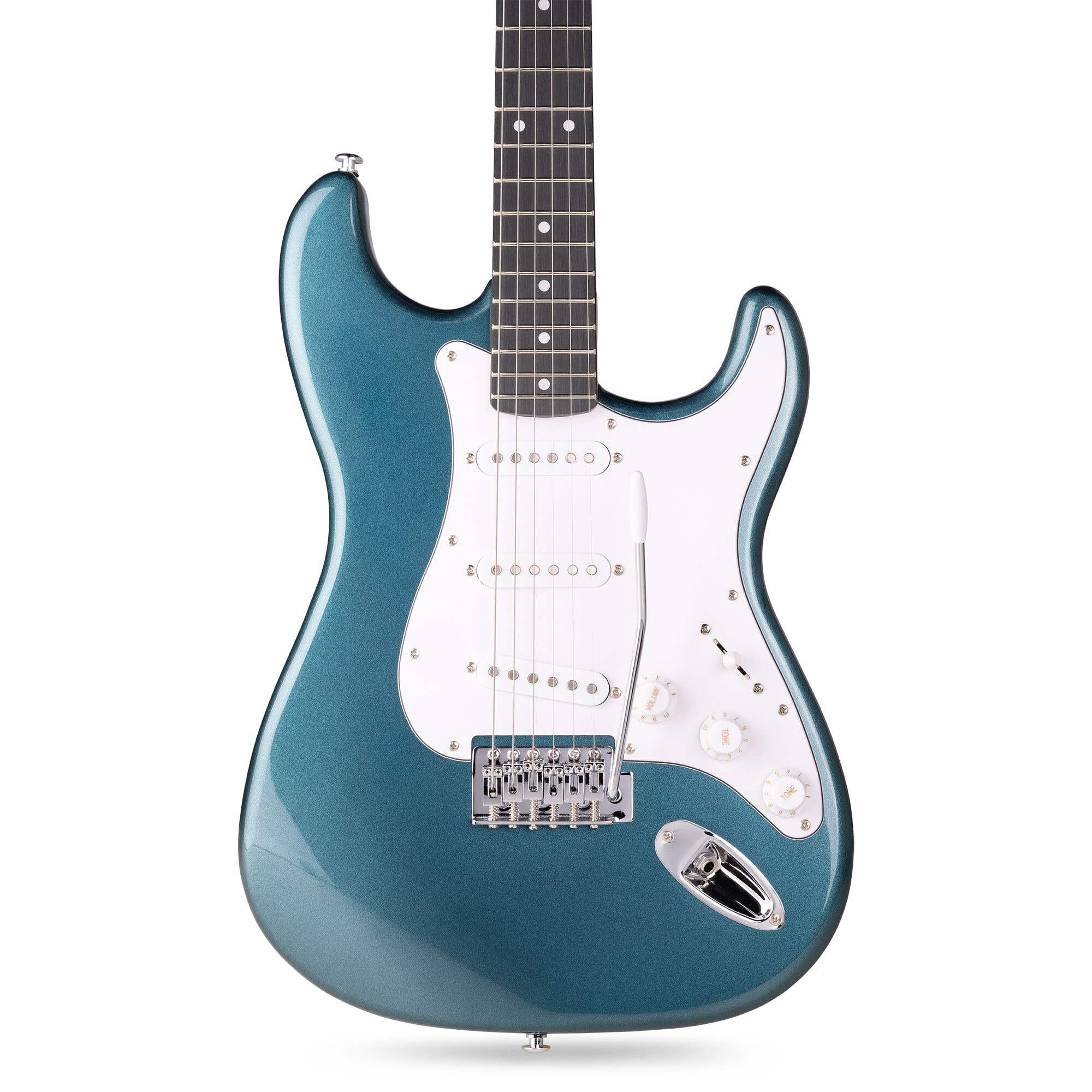 Guitarra eléctrica azul con golpeador blanco. Tiene seis cuerdas y perillas blancas.