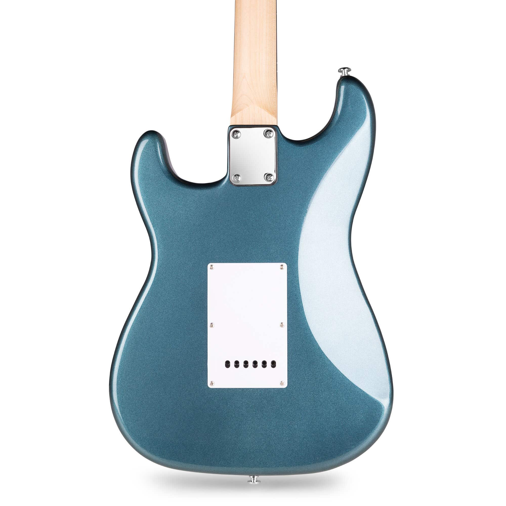 Parte trasera de una guitarra azul con golpeador blanco. Tiene seis tornillos y placa cromada.